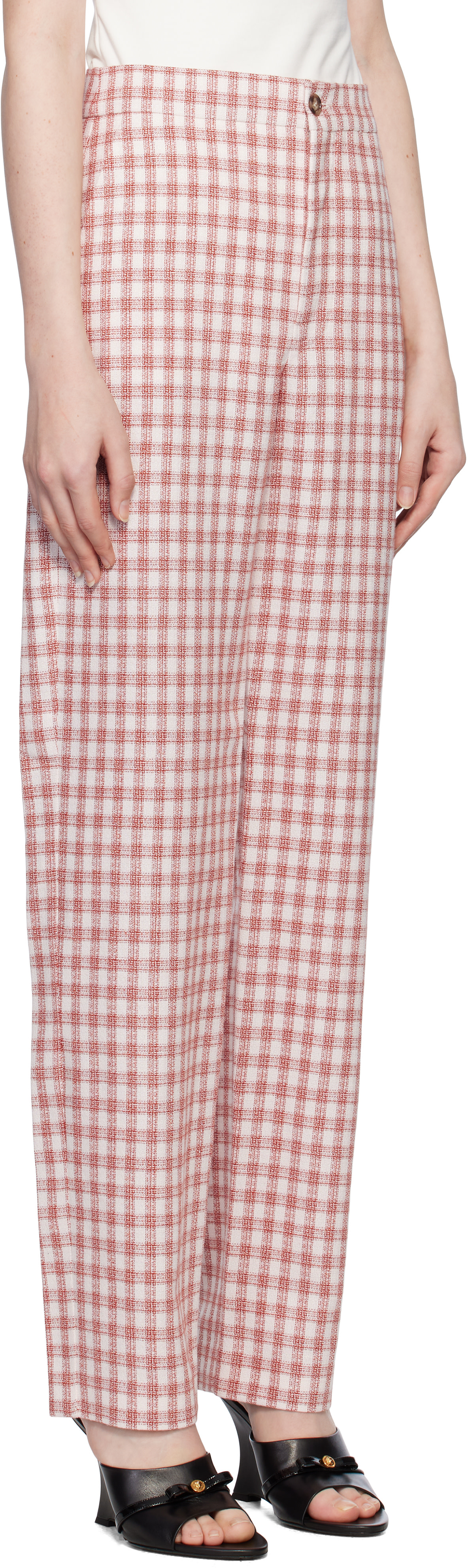 Moschino Jeans: Red Viscose-Linen Check Trousers | SSENSE