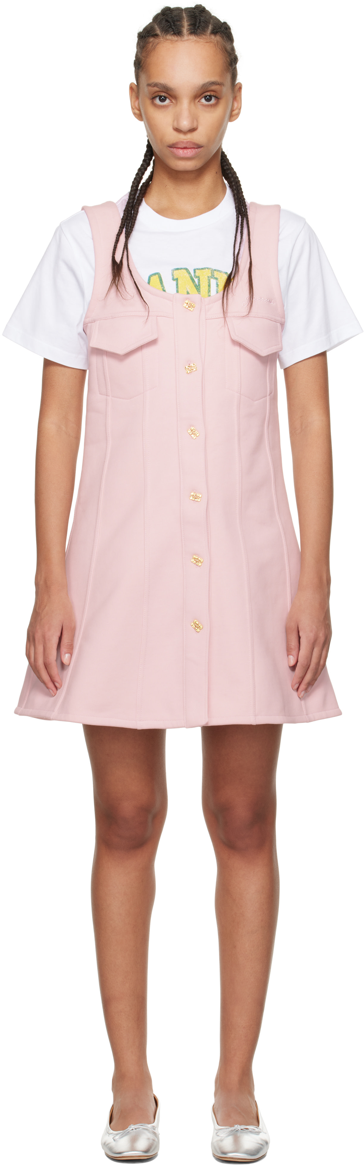 GANNI - Robe courte rose à boutons