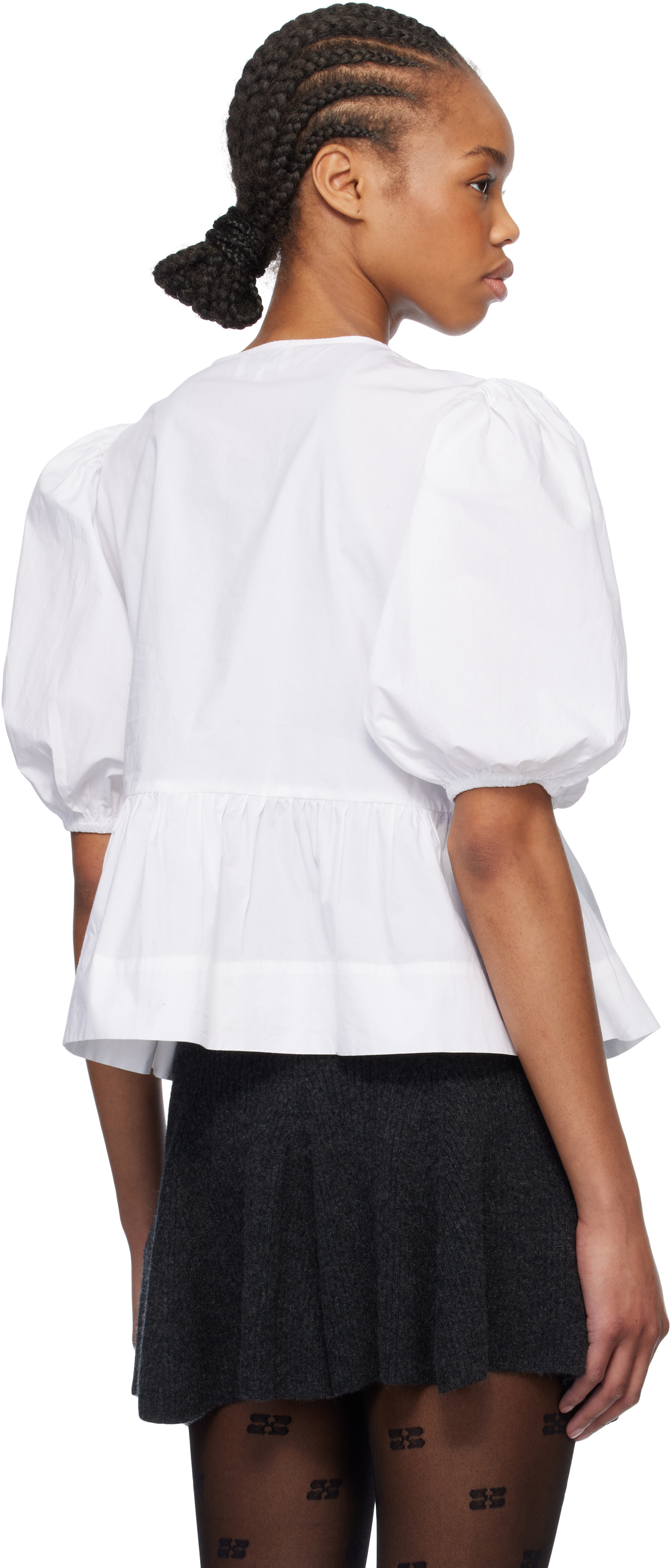 GANNI: White Cotton Poplin Peplum Tie Blouse | SSENSE
