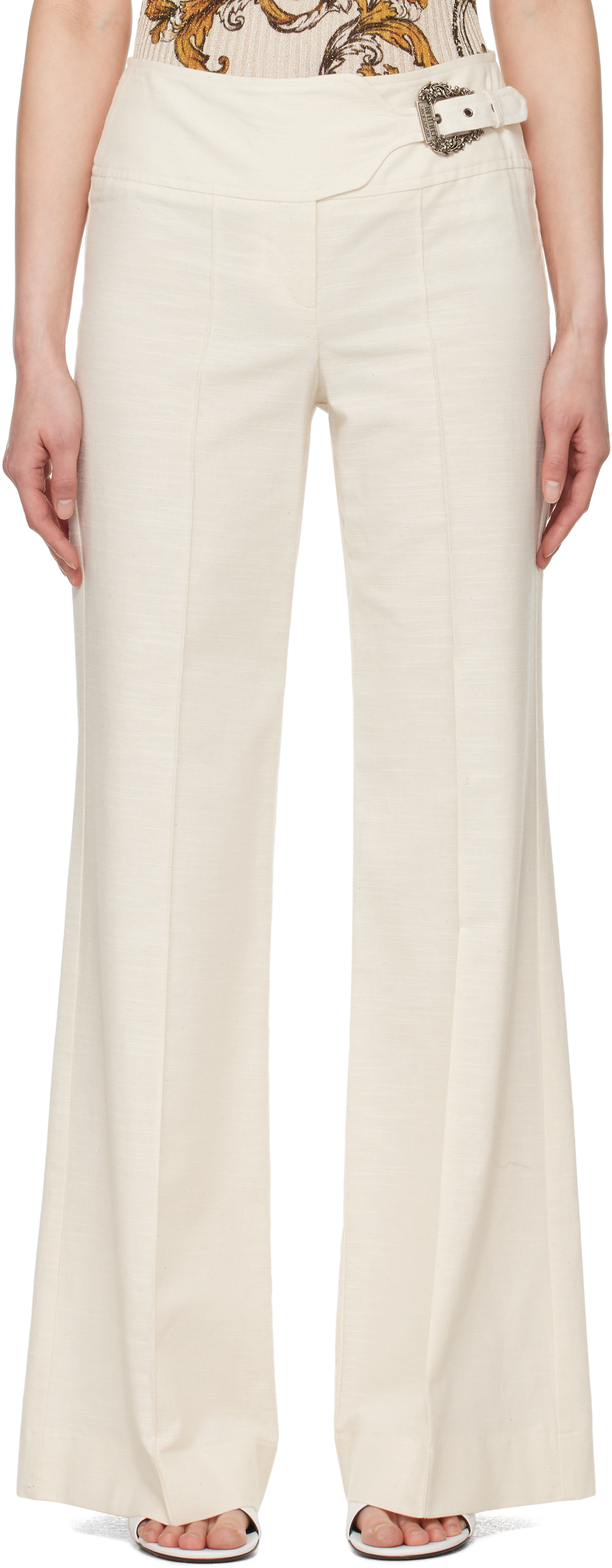 Versace Jeans Couture: Off-White Baroque Buckle Trousers | SSENSE