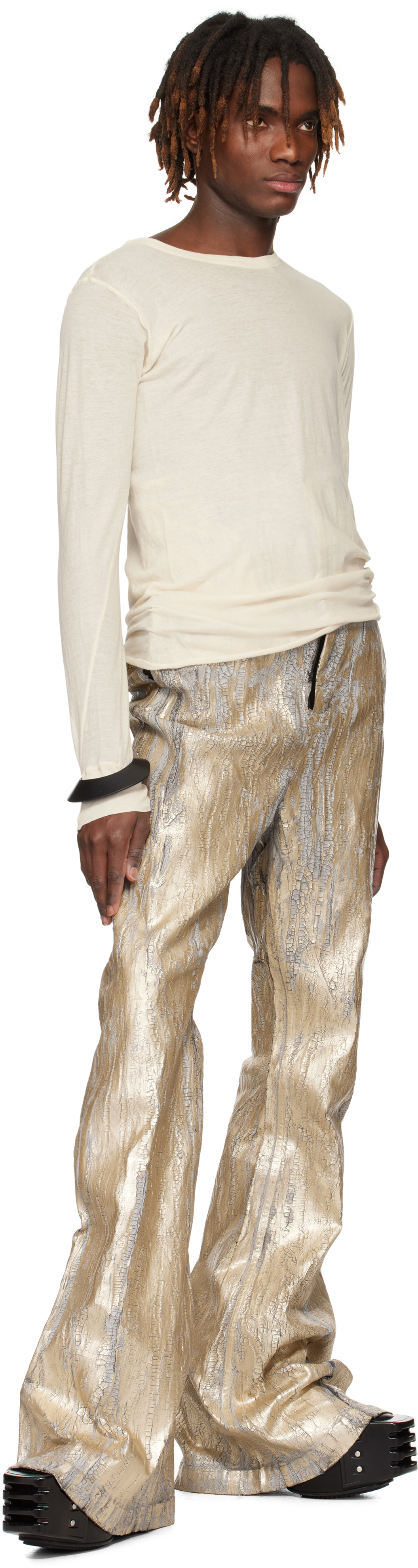 美品【Rick Owens】BOLAN BOOTCUT MEGACRUST Rick Owens: Gold Hollywood Bolan Megacrust Jeans | SSENSE