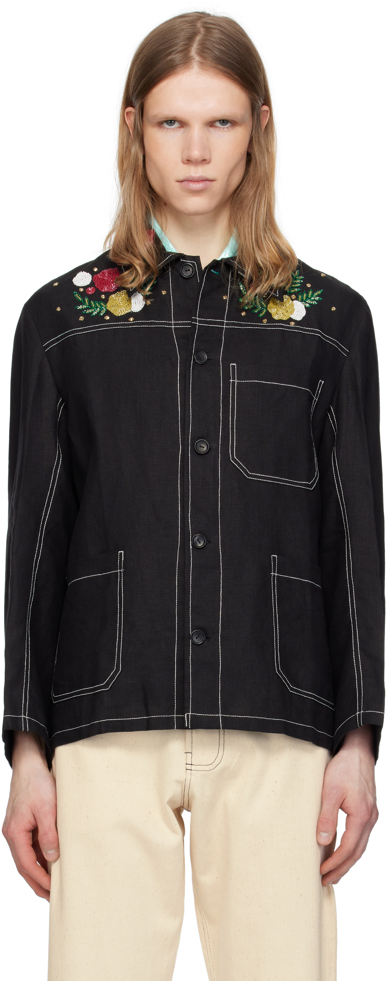 HARAGO - Black Beadwork Double Stitch Jacket