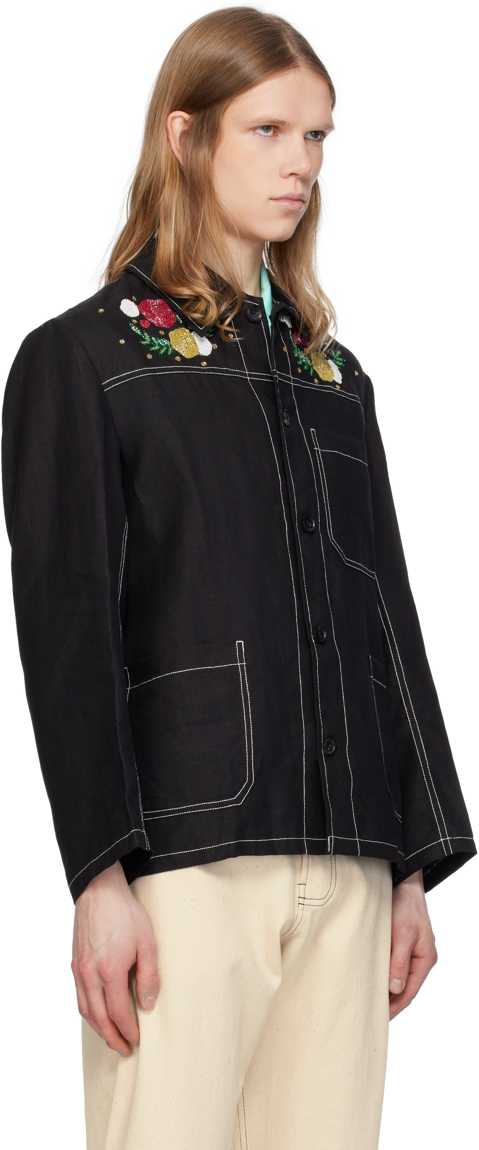 HARAGO - Black Beadwork Double Stitch Jacket