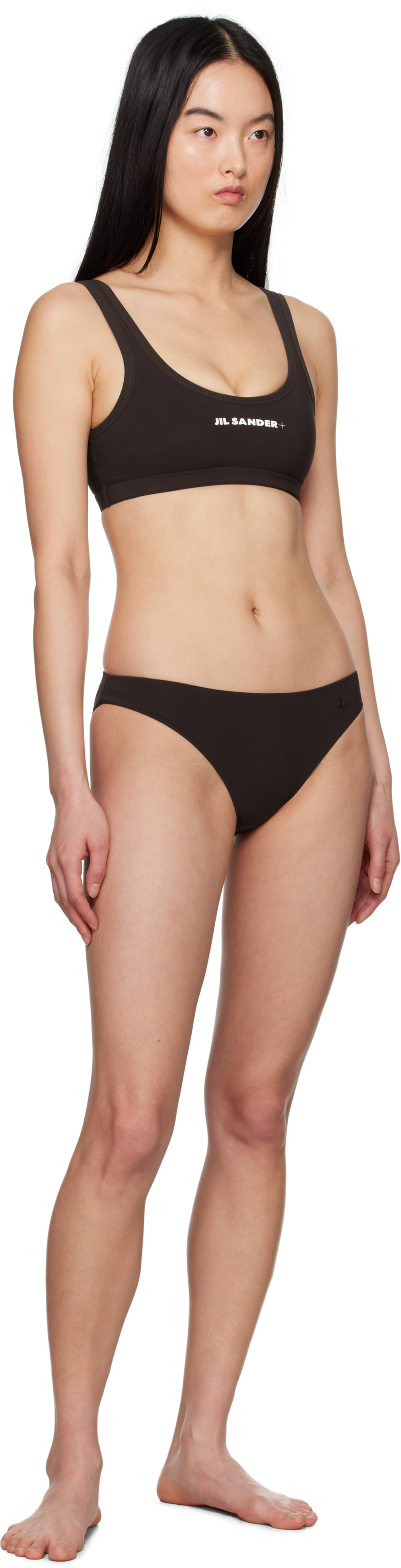 Jil Sander - Culotte de bikini brune à logo brodé