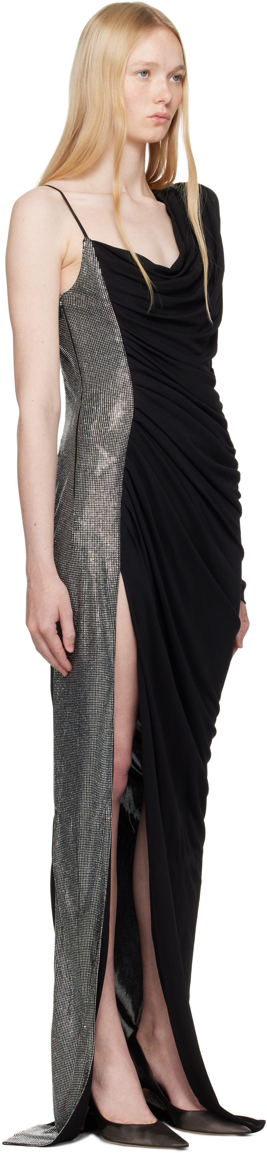 Balmain - Robe longue asymétrique noire à assemblage drapé