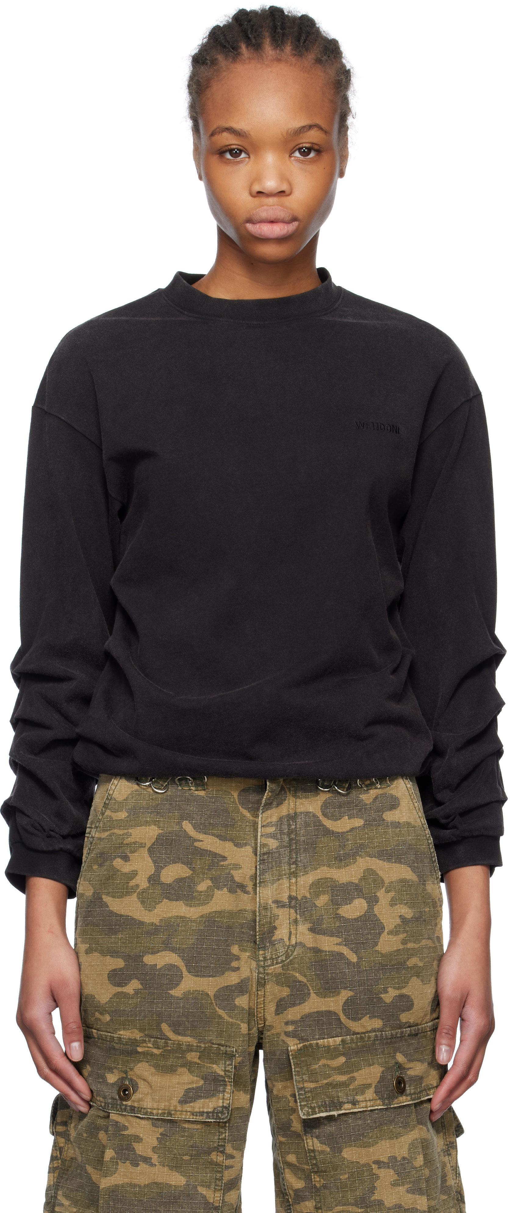 We11done: Black Wrinkled Long Sleeve T-shirt | SSENSE