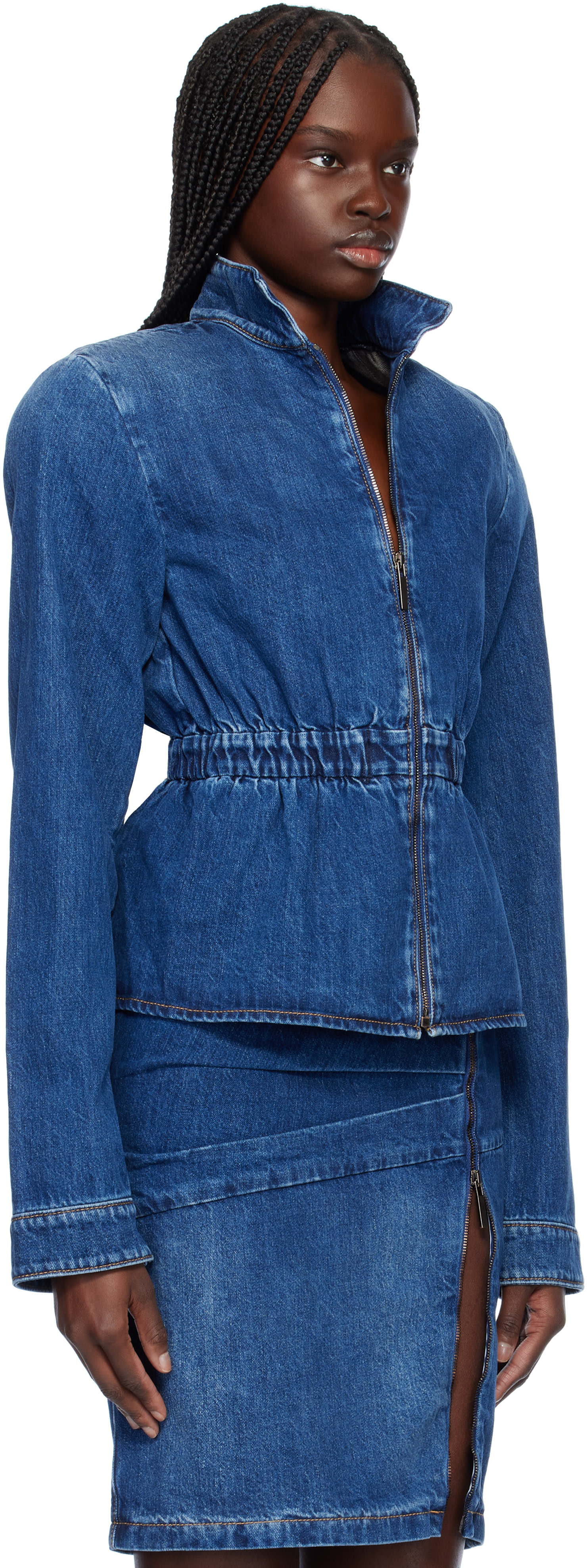 Nensi Dojaka: Blue Hayley Peplum Bomber Denim Jacket | SSENSE