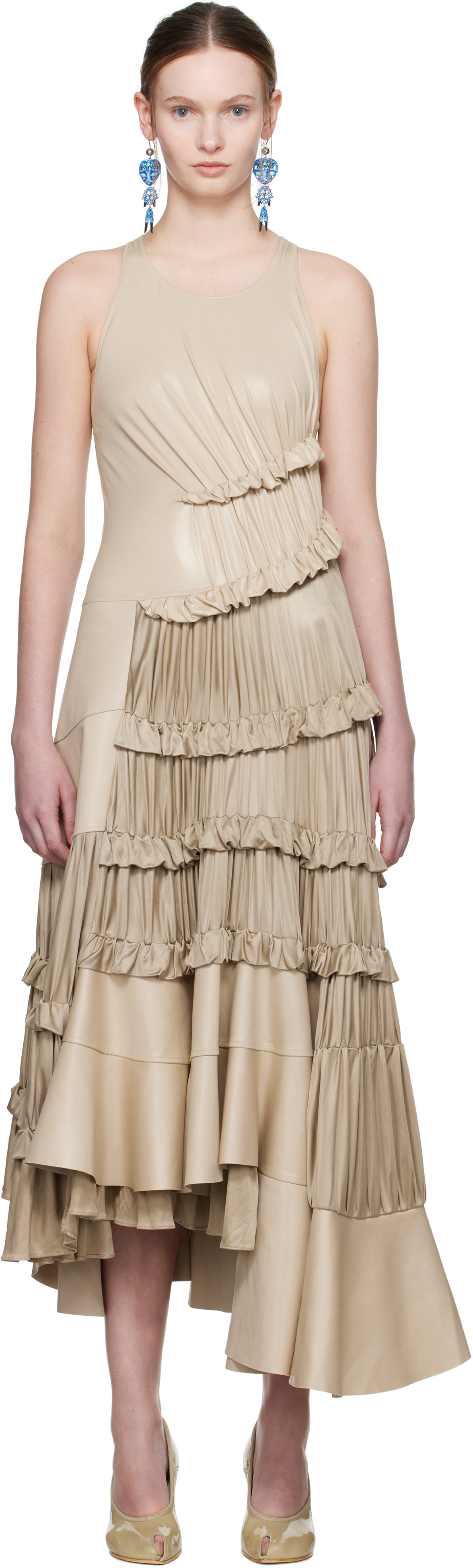 Tory Burch: Beige Ruffle Liquid Jersey Midi Dress | SSENSE Ireland Tory Burch: Beige Ruffle Liquid Jersey Midi Dress | SSENSE Ireland