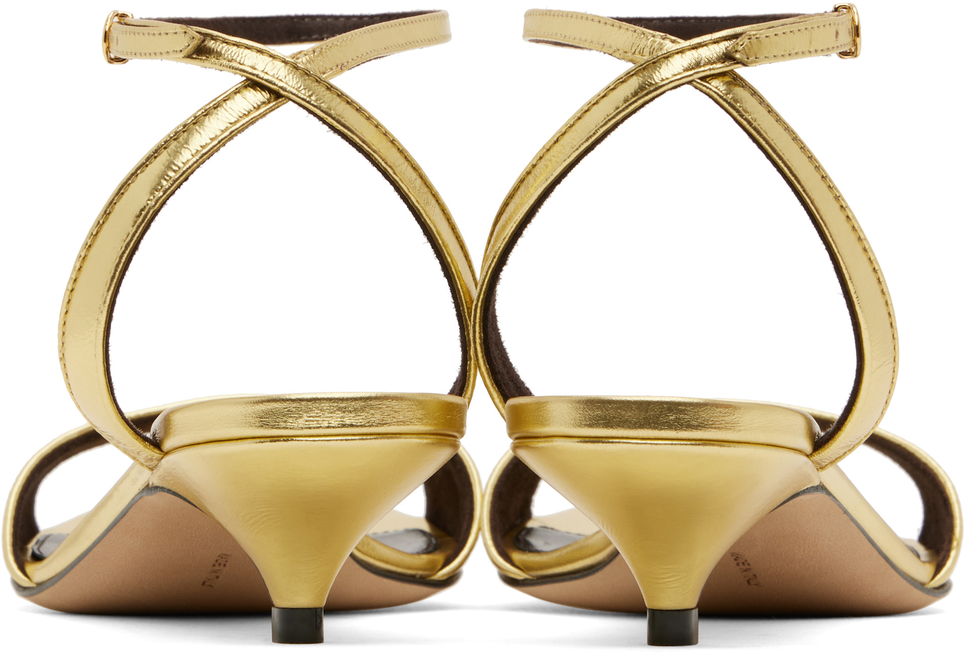 The Row: Gold Vika Ankle Strap Kitten Heeled Sandals | SSENSE