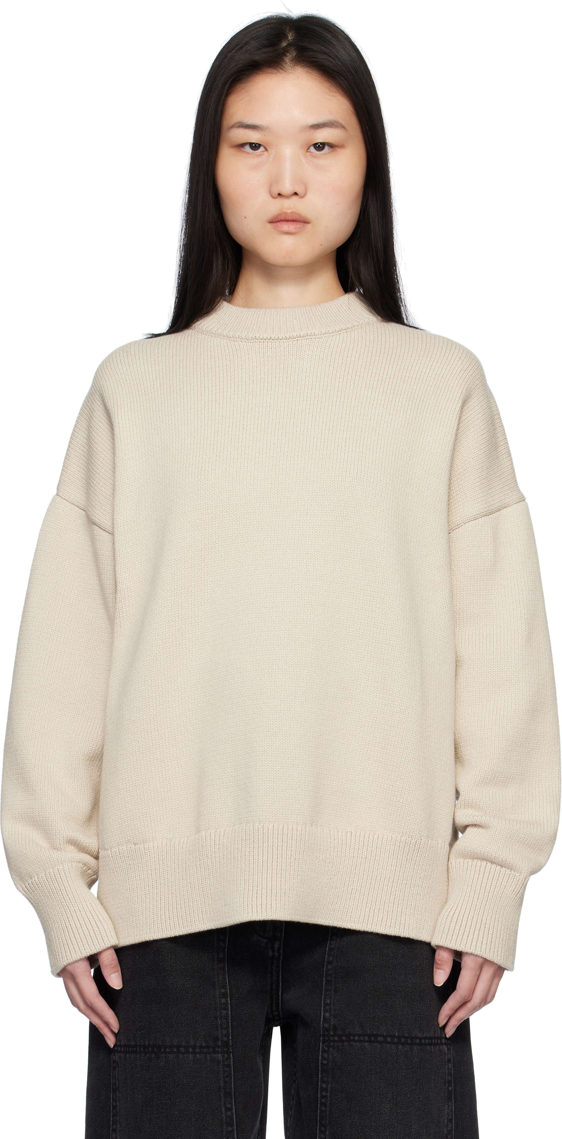 Co - Pull boyfriend beige à col ras du cou