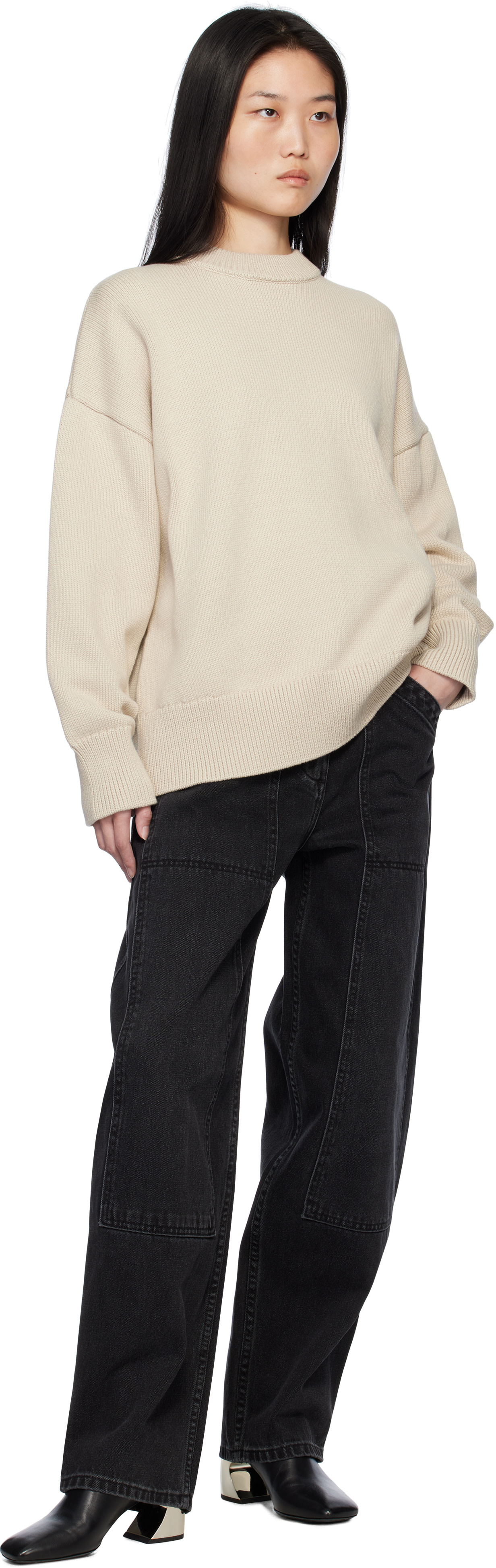 Co - Pull boyfriend beige à col ras du cou