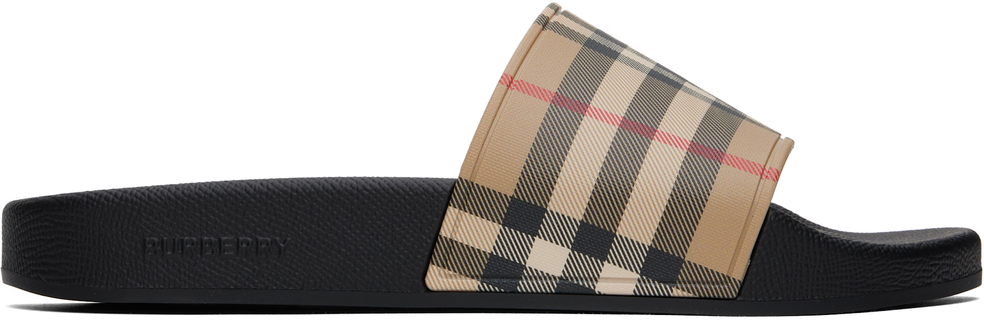 Burberry: Beige Check Pool Slides | SSENSE Canada