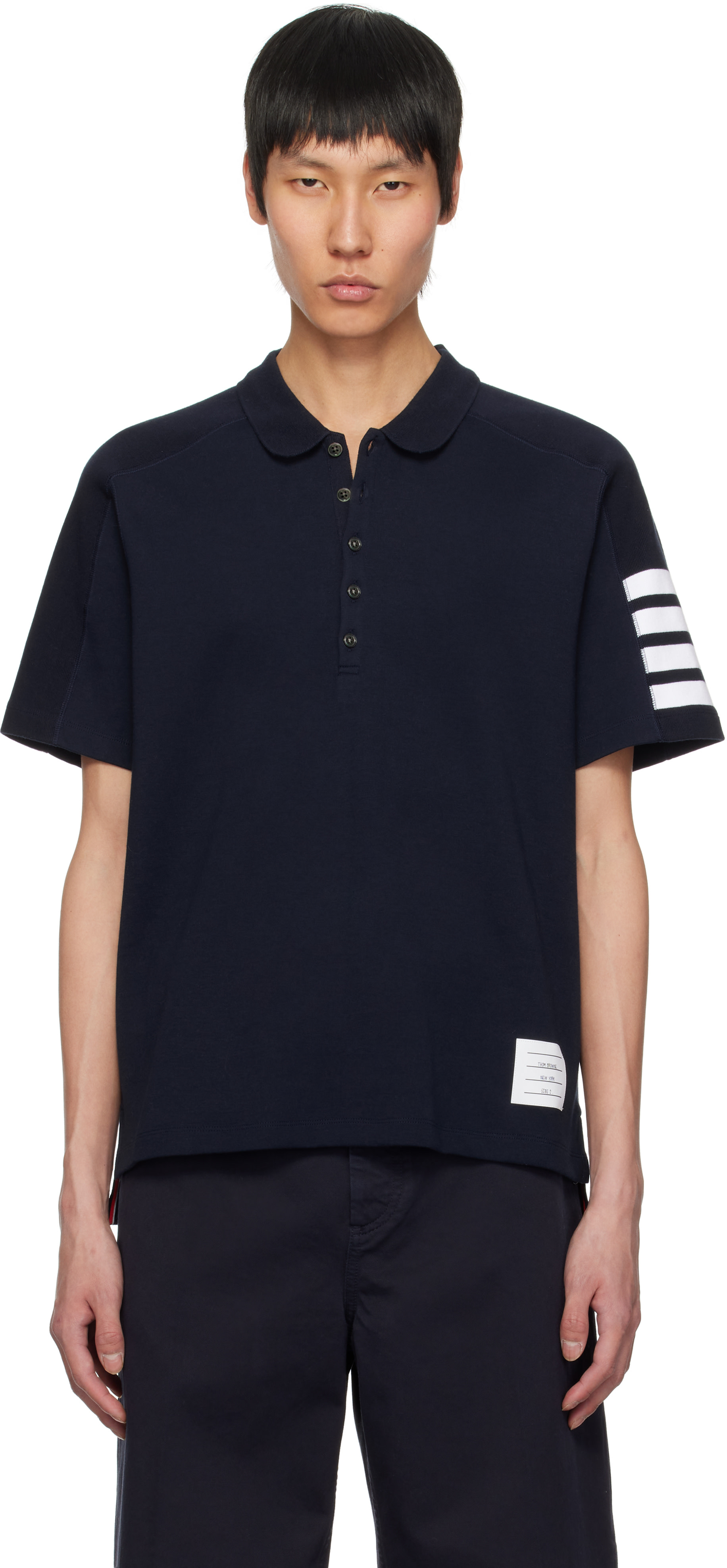 Thom Browne: Navy Cotton 4-Bar Short Sleeve Polo | SSENSE