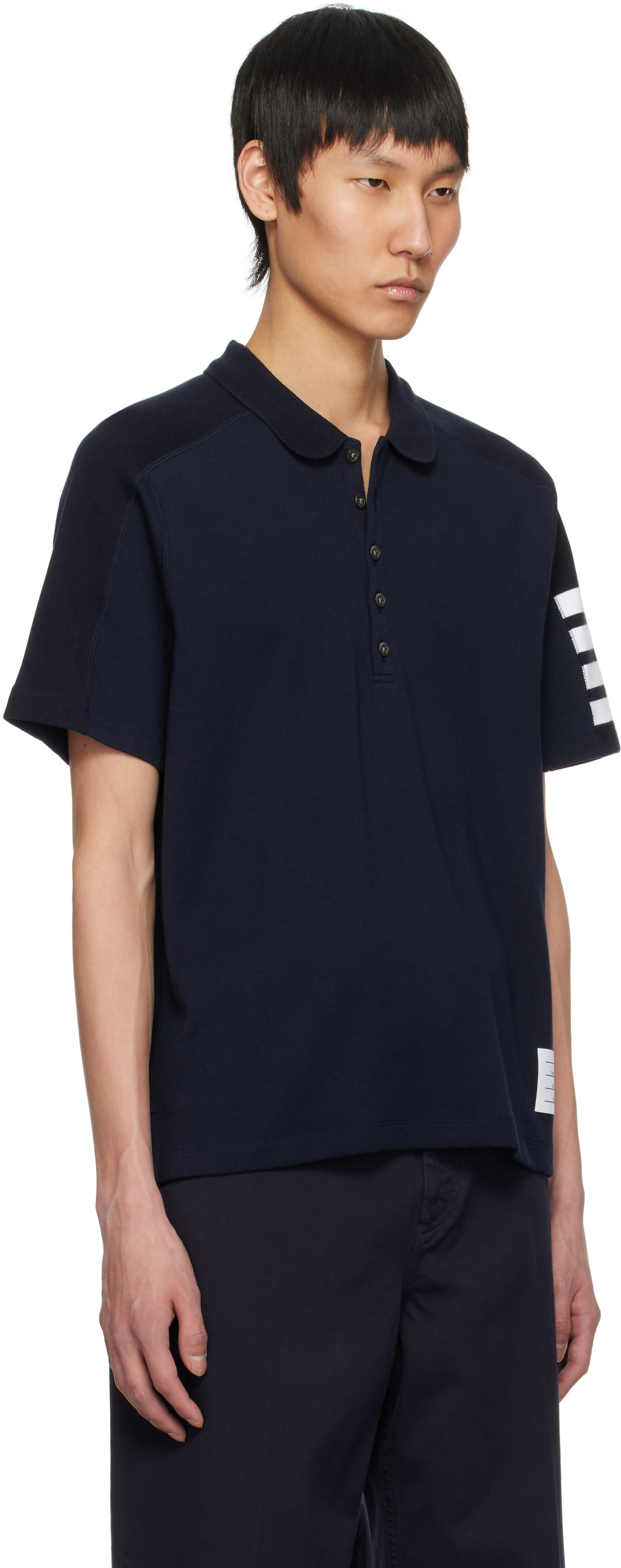 THOM BROWNE ネイビー ポロシャツ Thom Browne: Navy Cotton 4-Bar Short Sleeve Polo | SSENSE