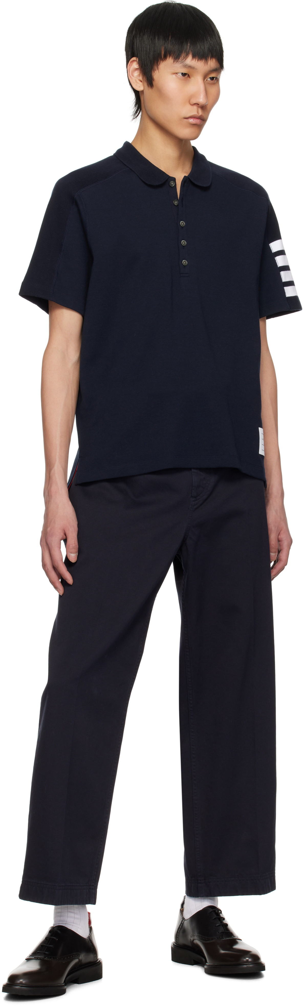 Thom Browne: Navy Cotton 4-Bar Short Sleeve Polo | SSENSE