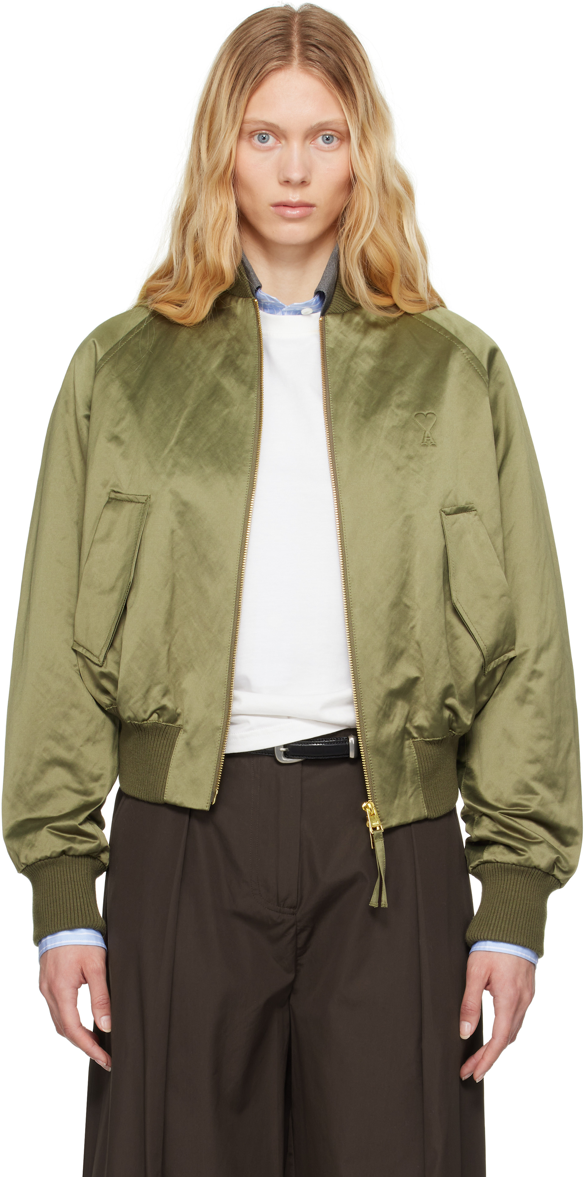 AMI Paris: Green Cotton Satin Ami de Coeur Bomber Jacket | SSENSE
