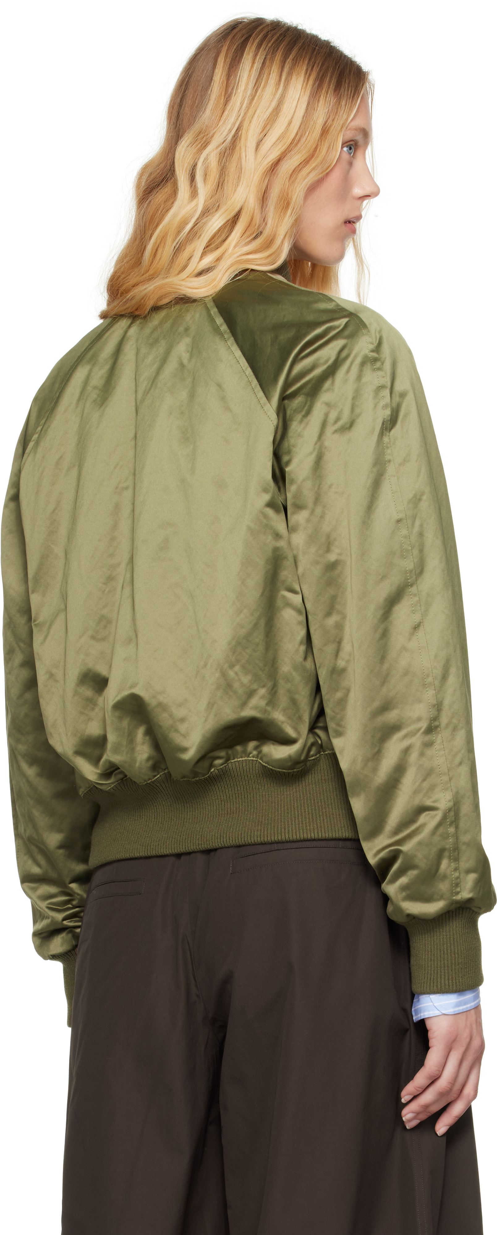AMI Paris: Green Cotton Satin Ami de Coeur Bomber Jacket | SSENSE