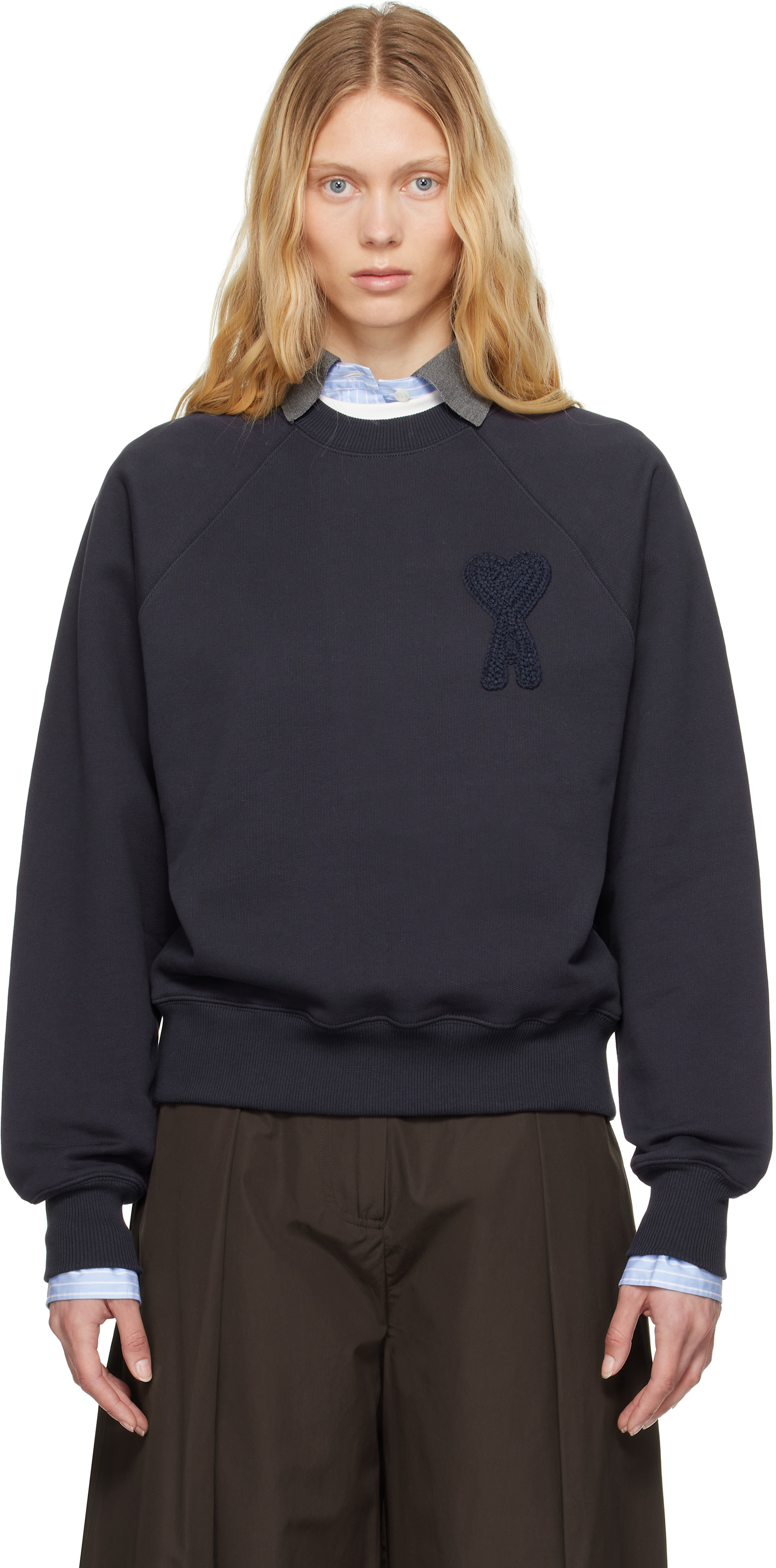 AMI Paris: ネイビー Ami de Coeur Patch コットン スウェットシャツ