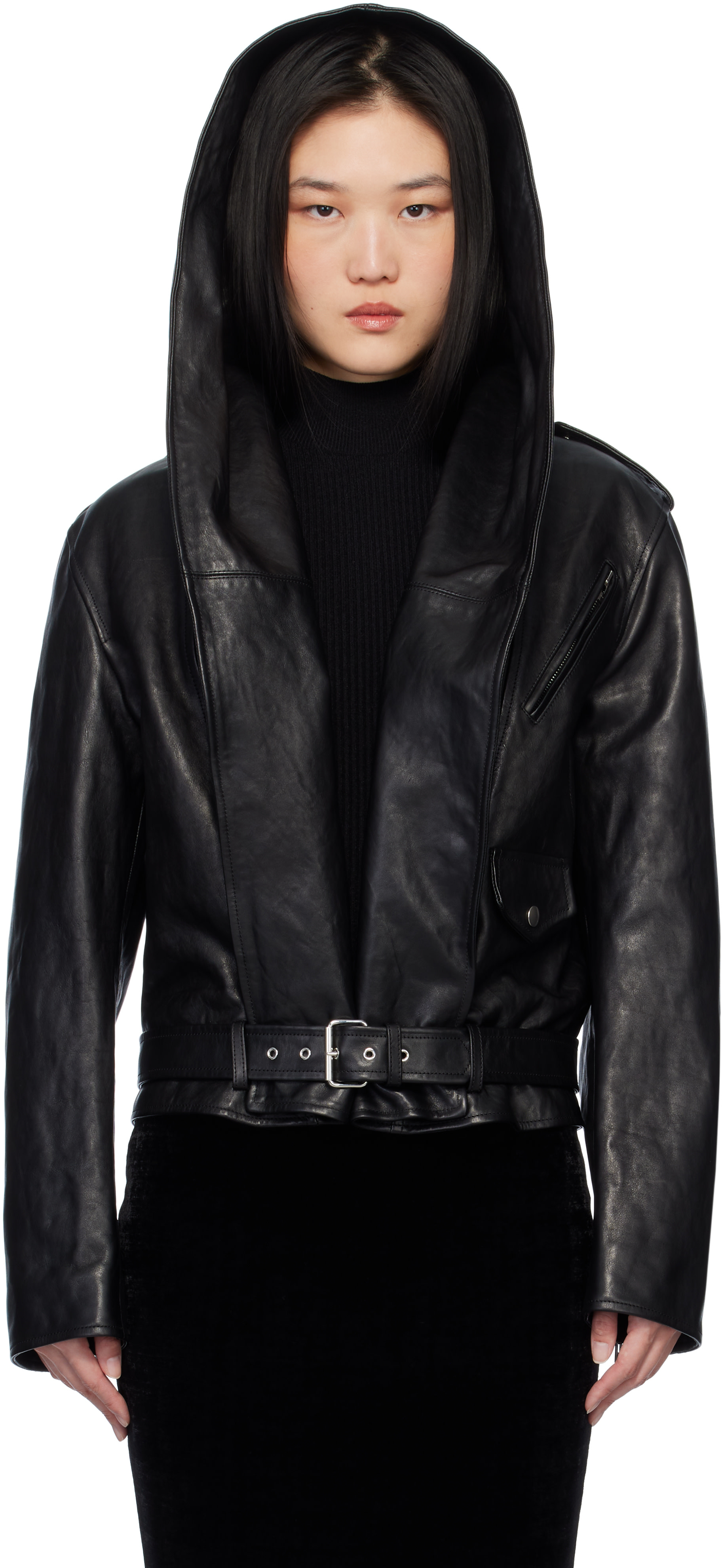 ALAÏA: ブラック フード バイカー レザージャケット | SSENSE 日本