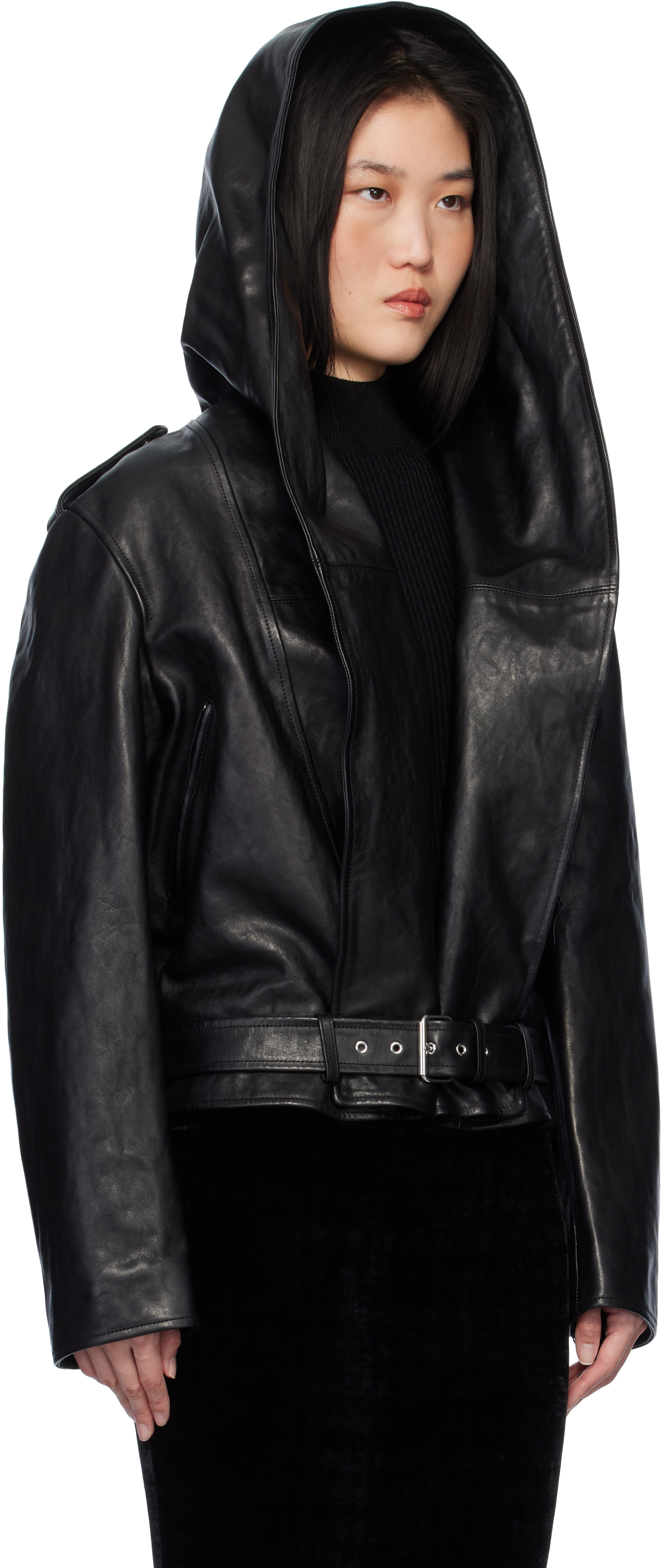ALAÏA: ブラック フード バイカー レザージャケット | SSENSE 日本