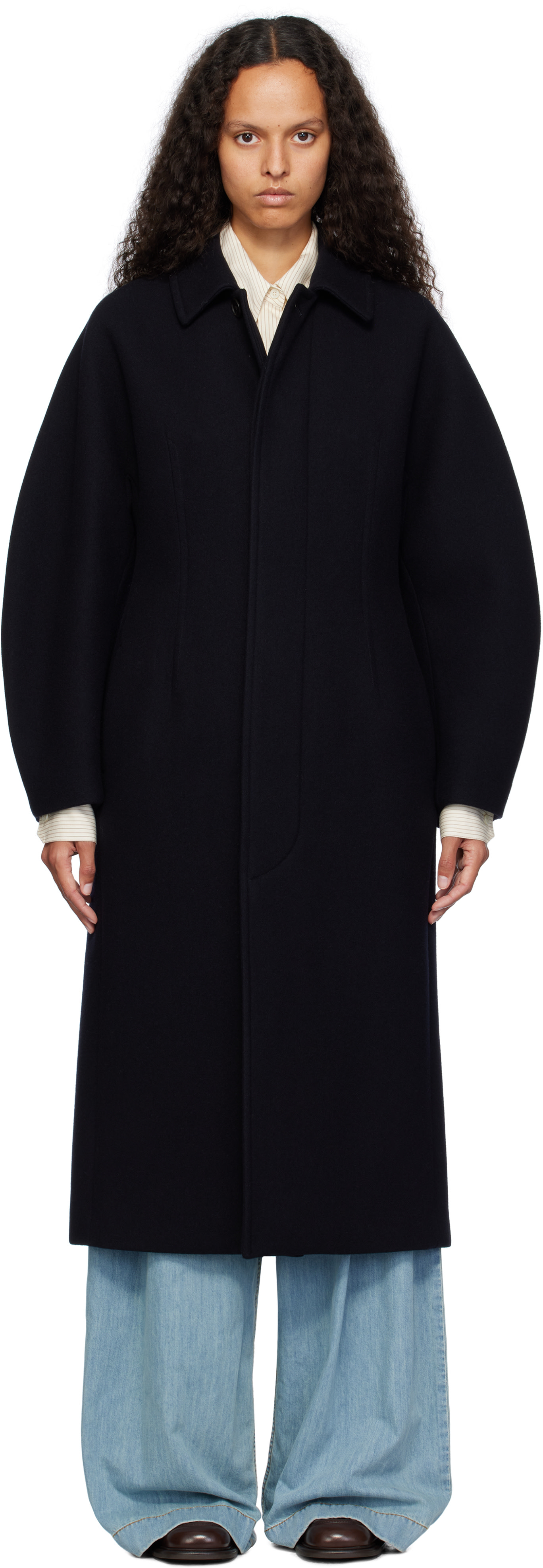 【AURALEE】SPONGE WOOL MELTON COAT AURALEE: Navy Sponge Wool Melton Soutien Collar Coat | SSENSE China