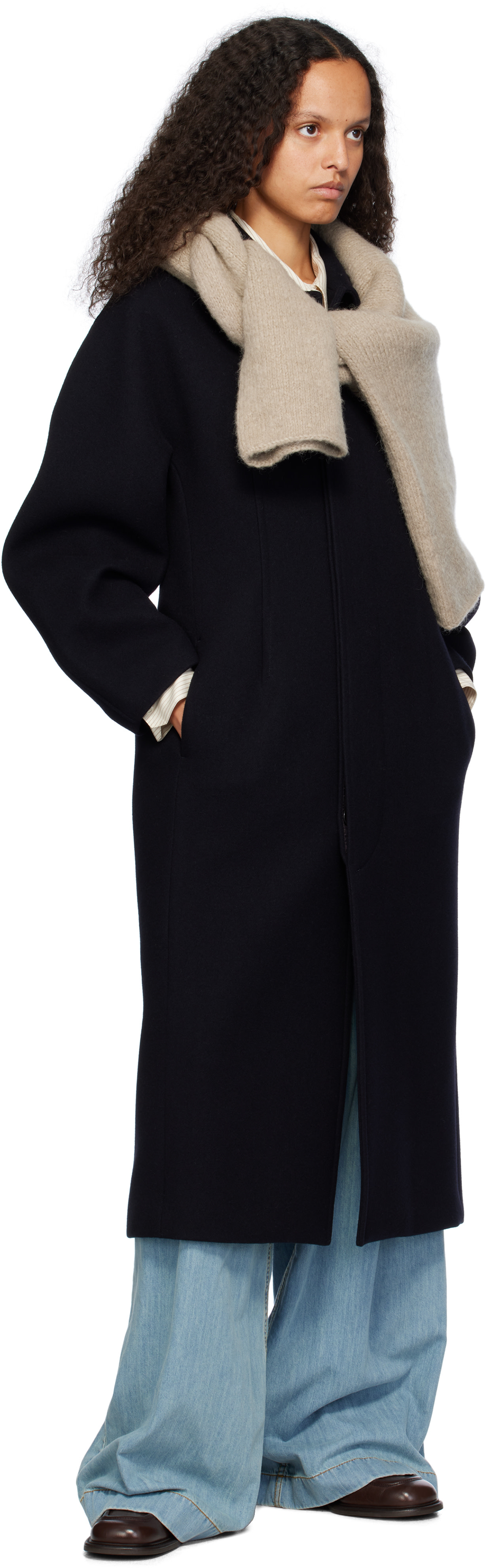 AURALEE: Navy Sponge Wool Melton Soutien Collar Coat | SSENSE China