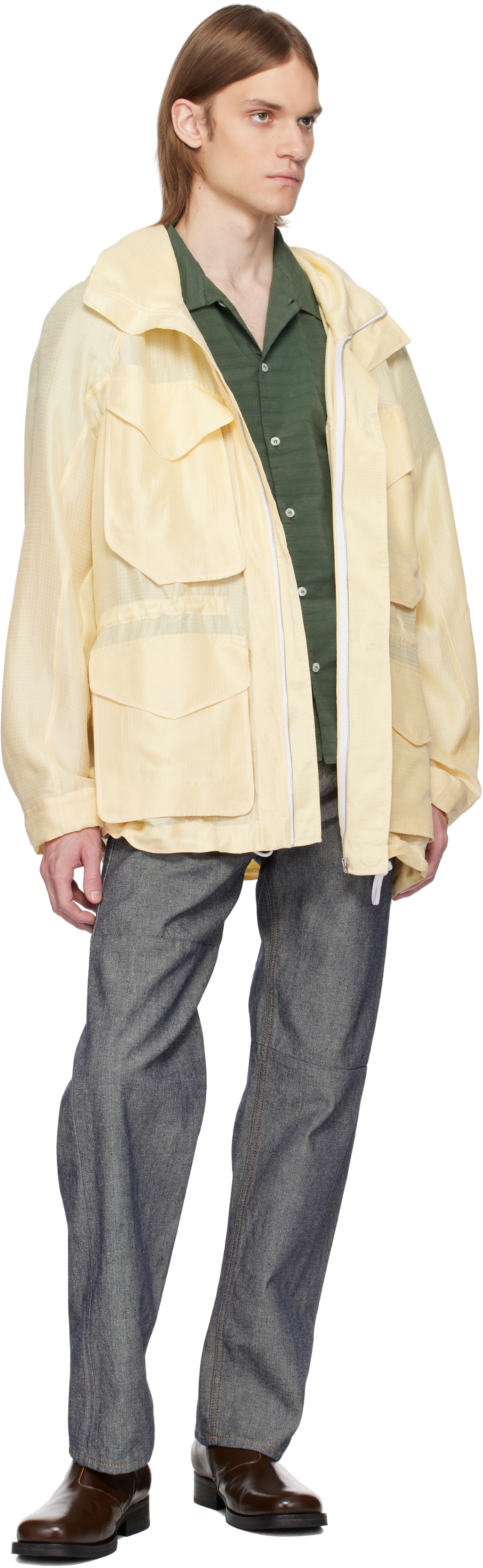 RANRA: Yellow Explorer Silk Ripstop Long Hoodie Jacket | SSENSE