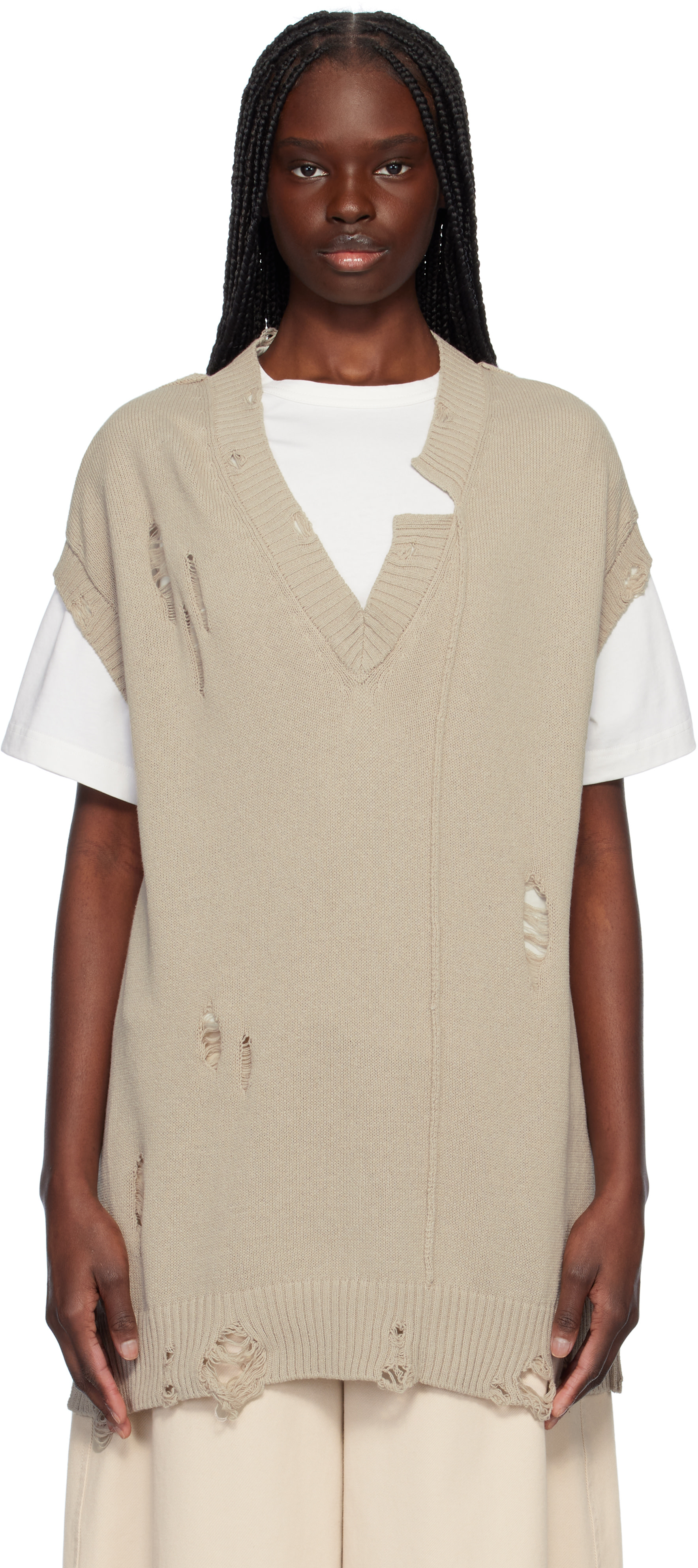 YOHJI YAMAMOTO: Taupe 7G2P Jersey V Neck Vest | SSENSE