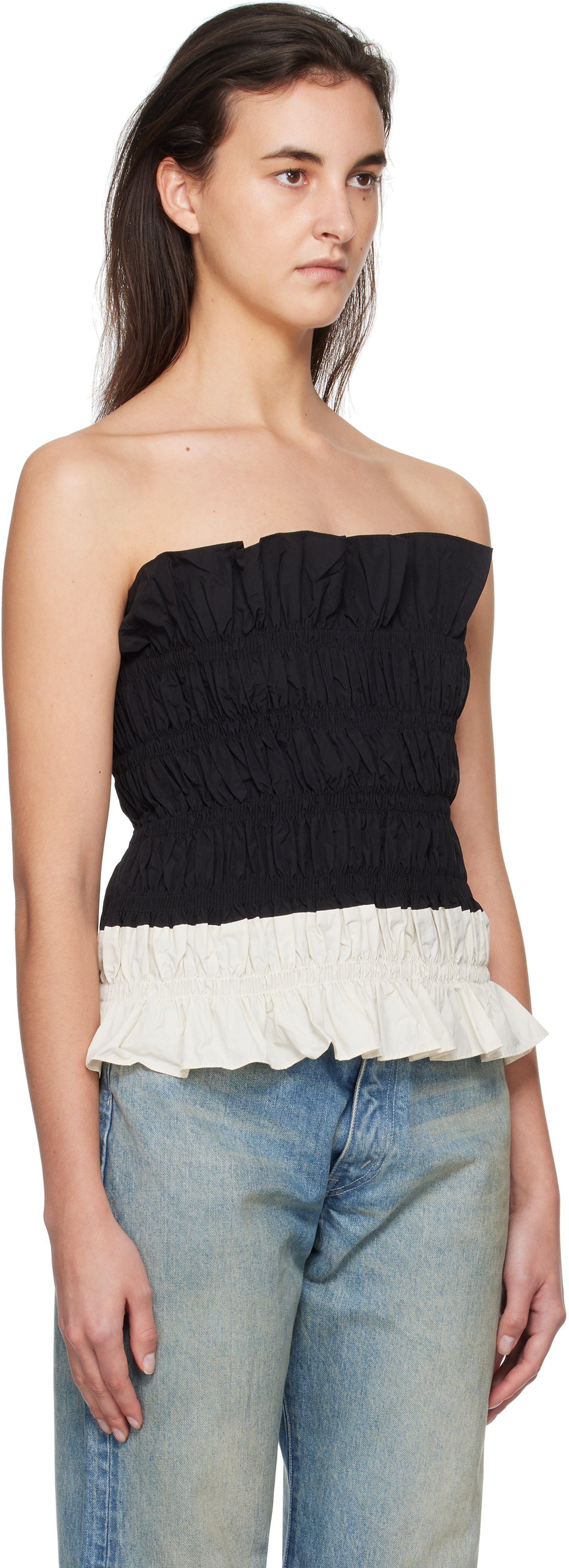 Kijun: Black & Off-White Shirring Mono Tube Top | SSENSE