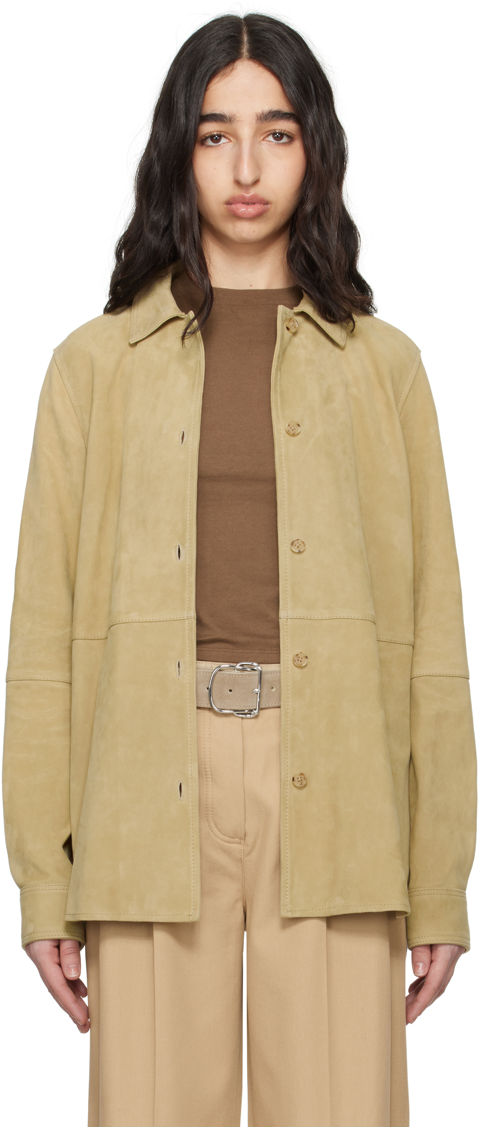 TOTEME ベージュ オーバーサイズジャケット TOTEME: Beige Soft Suede Overshirt | SSENSE
