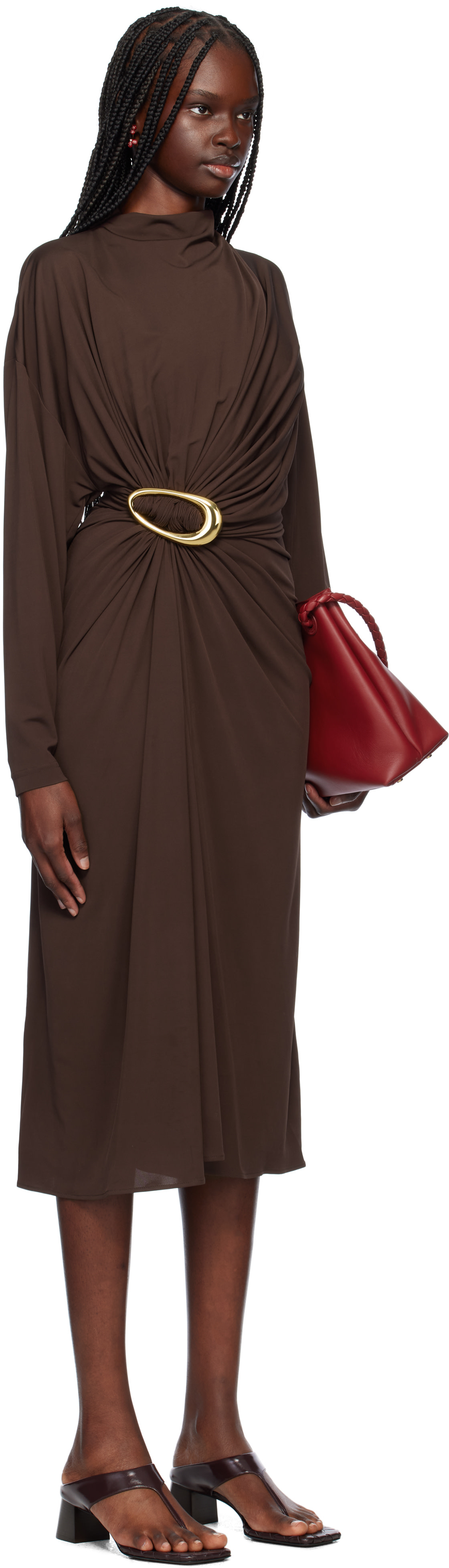 Bottega Veneta: Brown Crepe Viscose Midi Dress | SSENSE Denmark