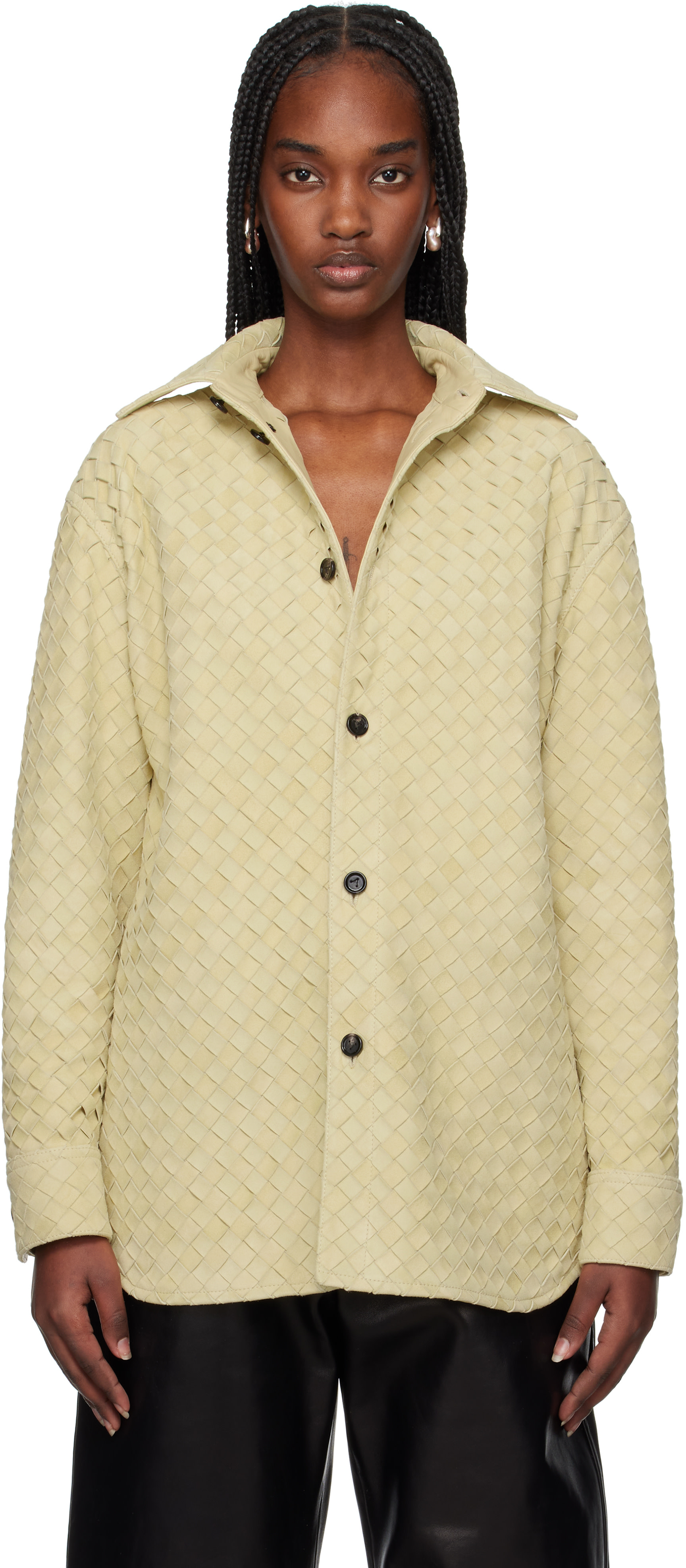 Bottega Veneta: Beige Intrecciato Relaxed Leather Shirt | SSENSE