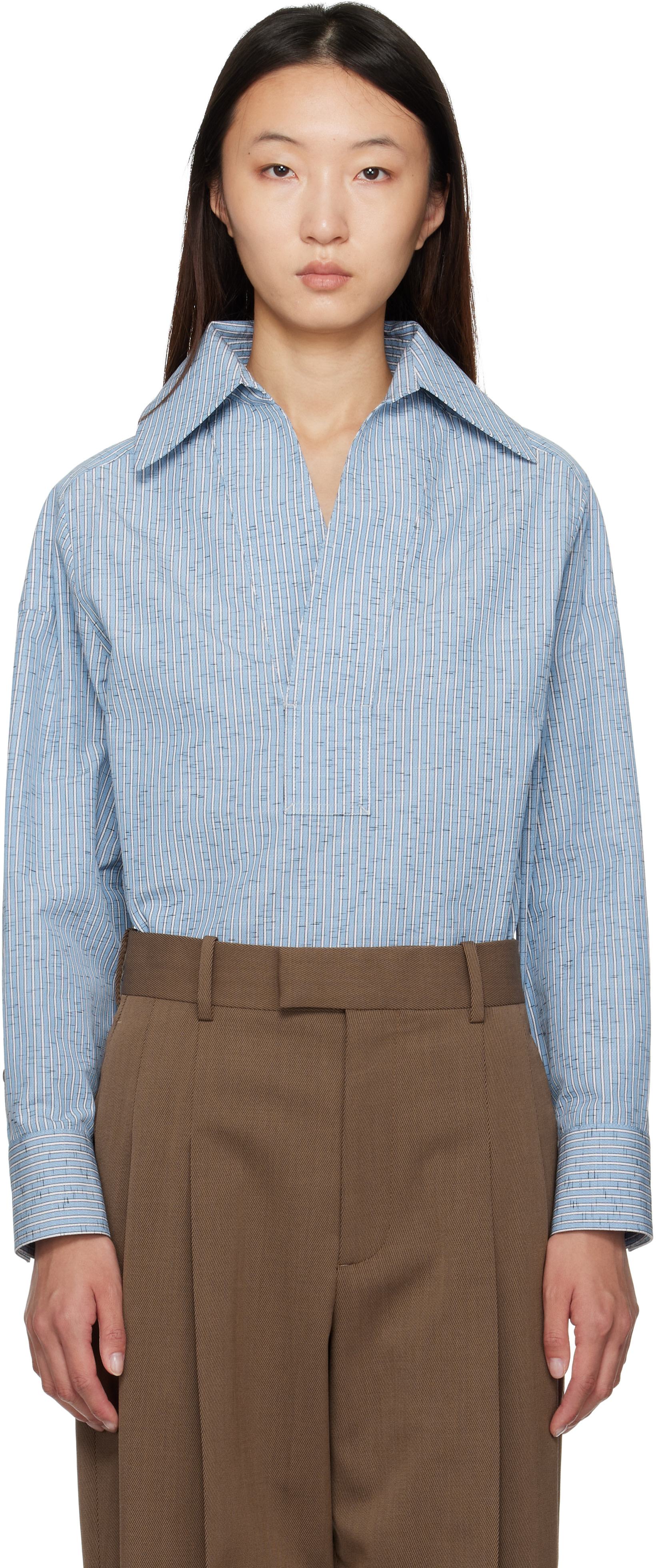 Bottega Veneta: Blue Cotton & Linen Stripe Shirt | SSENSE