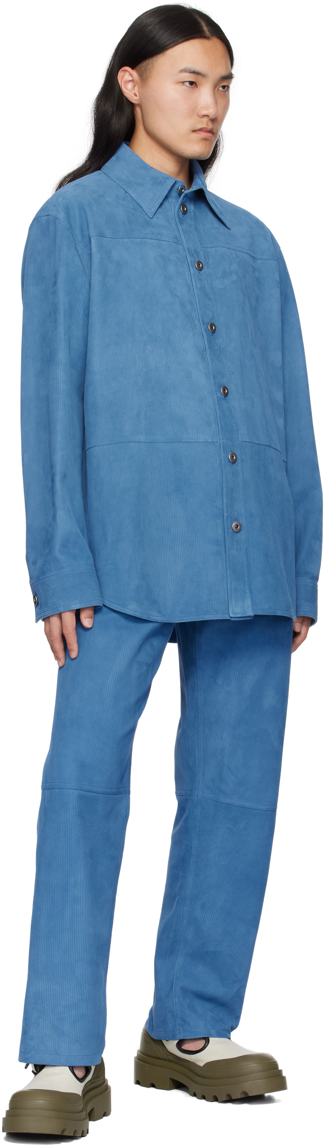 Bottega Veneta: Blue Embossed Corduroy Suede Shirt | SSENSE