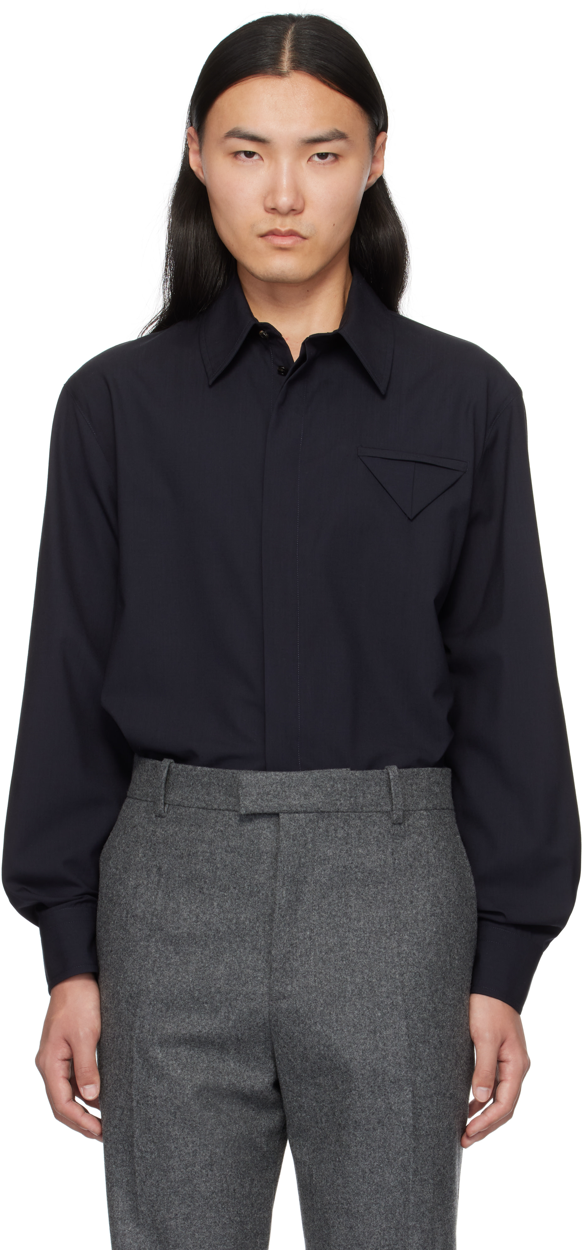 Bottega Veneta: Navy Fine Wool Shirt | SSENSE