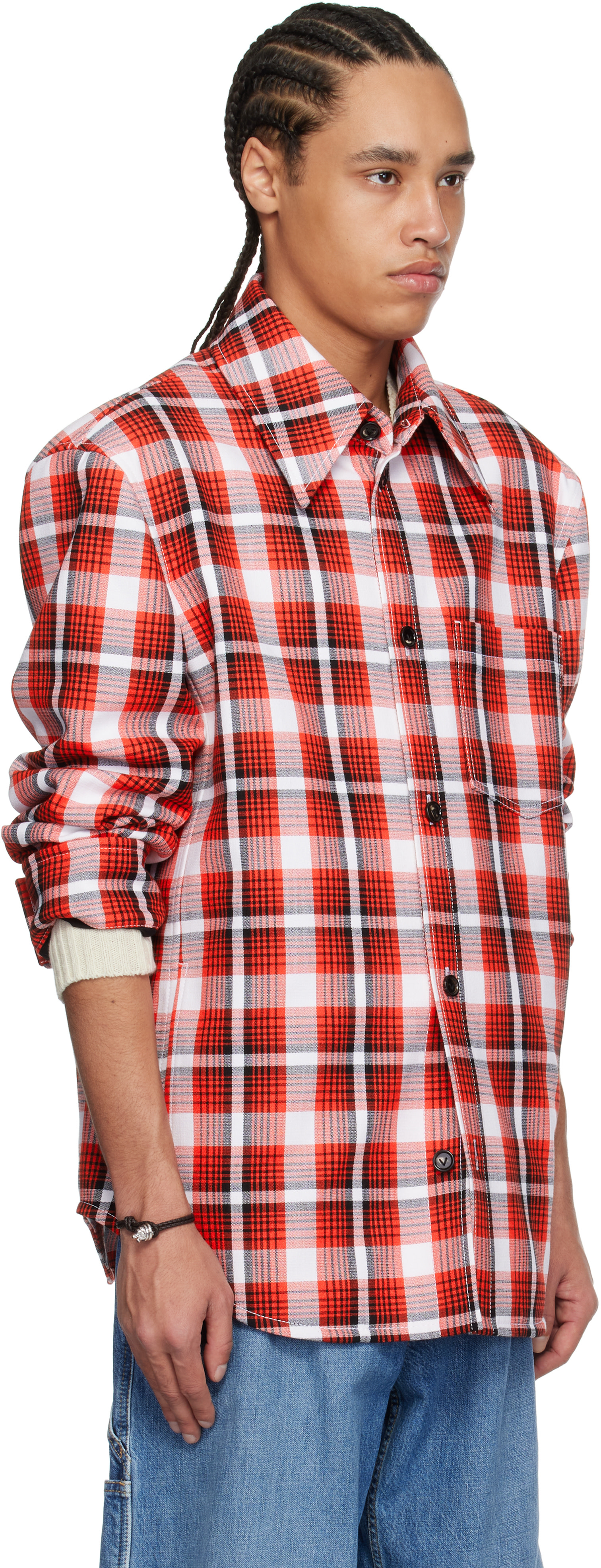 Bottega Veneta: Red & White Structured Cotton Check Jacket | SSENSE