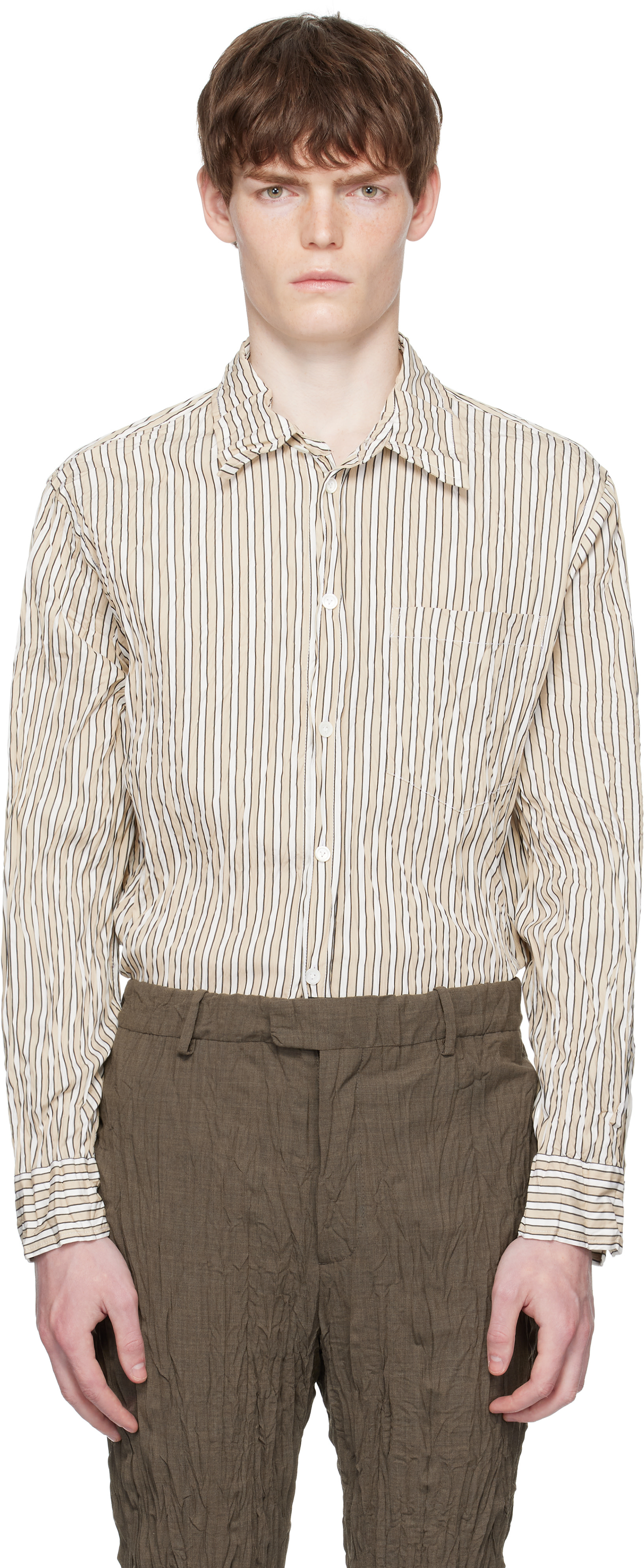 Bottega Veneta: Beige & White Crushed Tech Shirt | SSENSE
