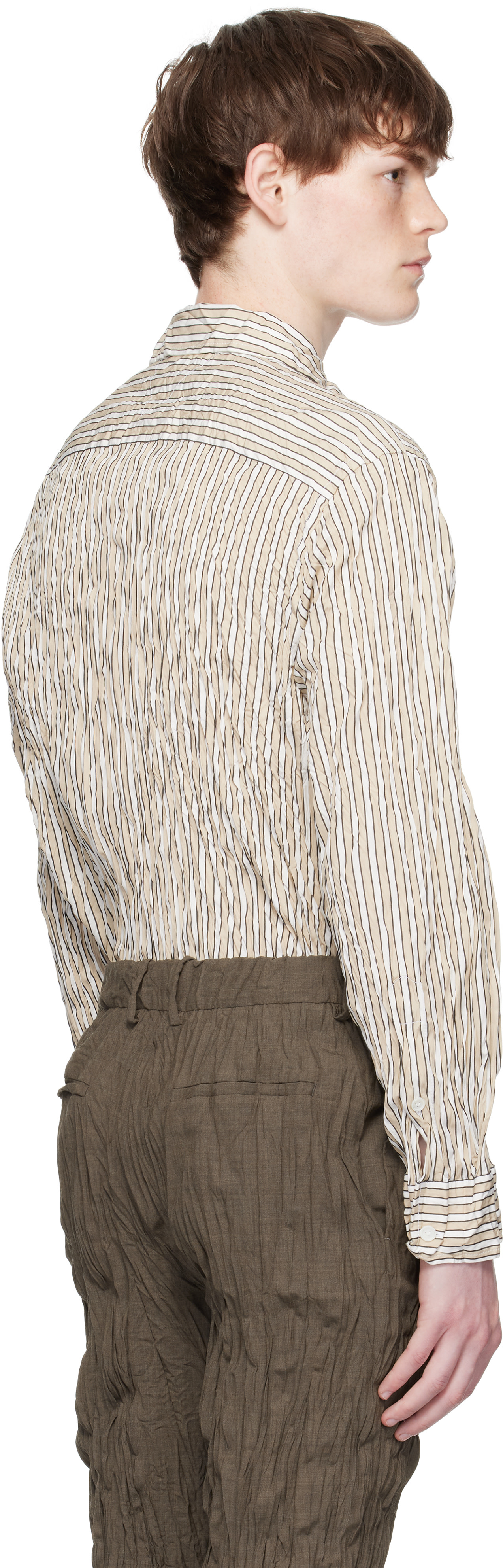 Bottega Veneta: Beige & White Crushed Tech Shirt | SSENSE