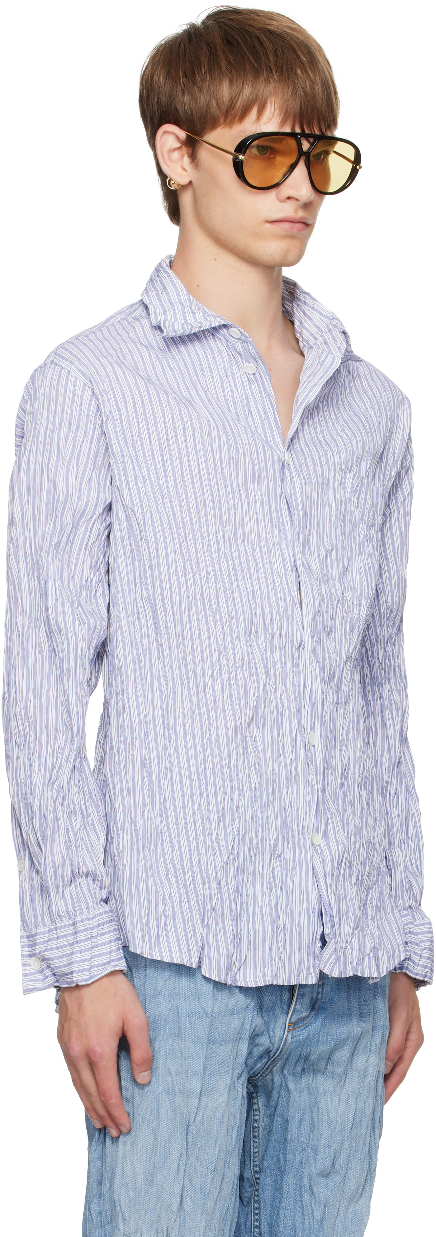 Bottega Veneta: ホワイト＆ネイビー Crushed Cotton ストライプ
