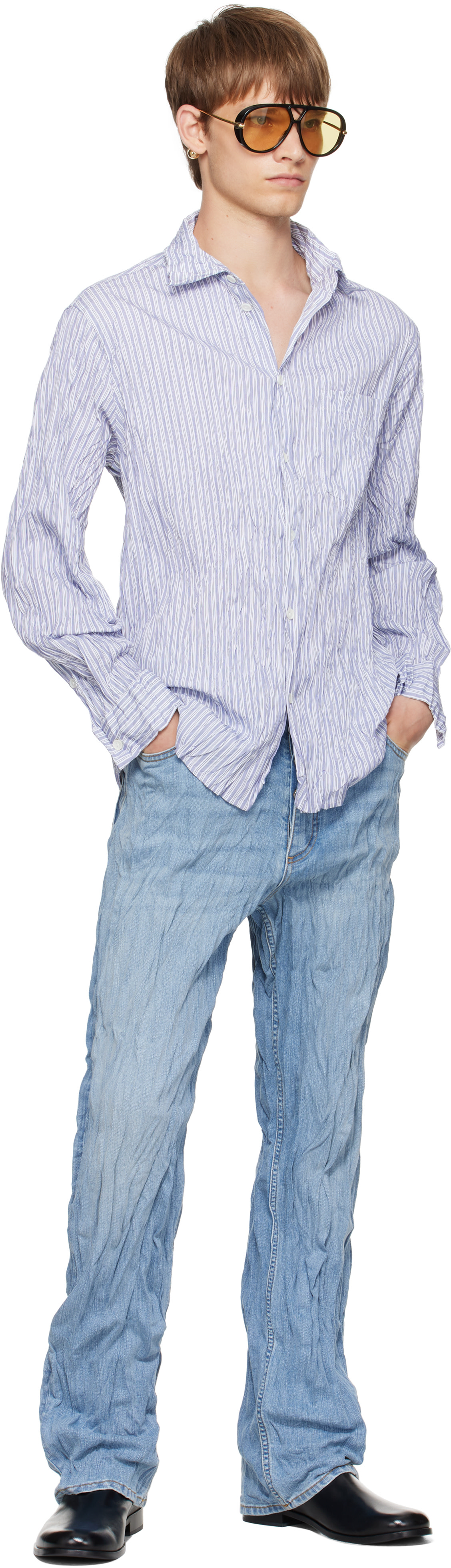 Bottega Veneta: White & Navy Crushed Cotton Striped Shirt | SSENSE