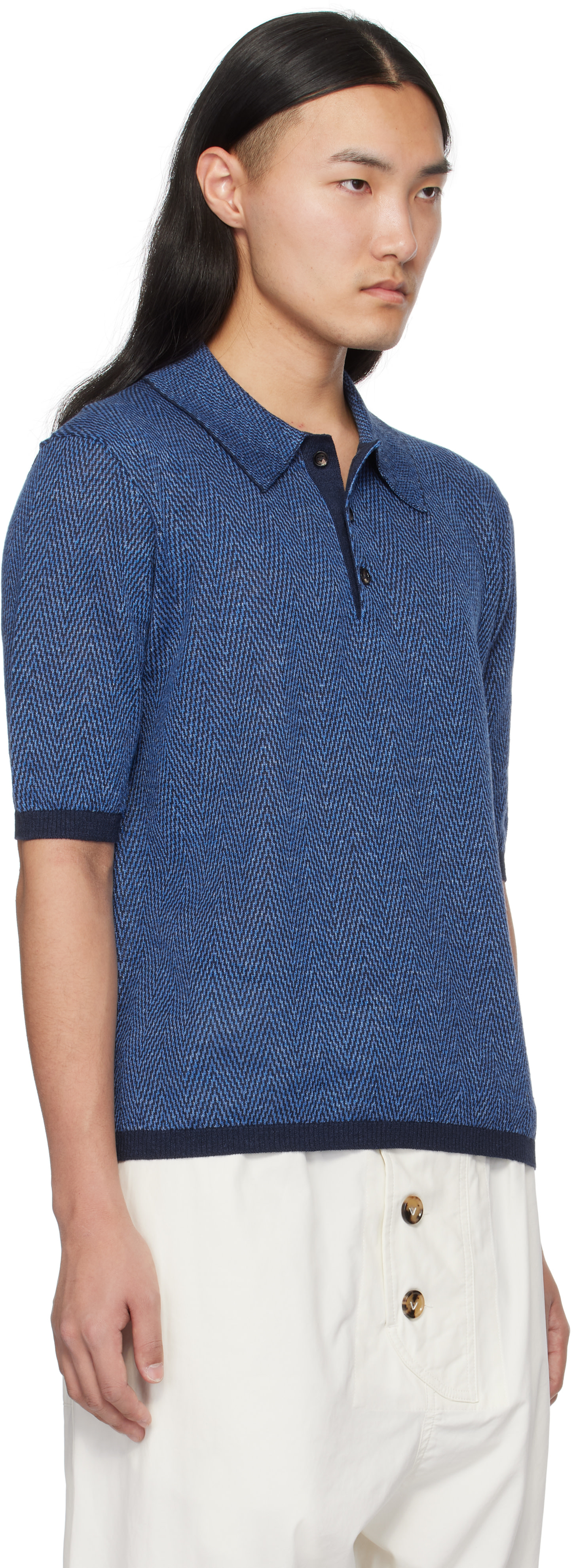 Bottega Veneta: Blue Linen Chevron Knit Polo | SSENSE
