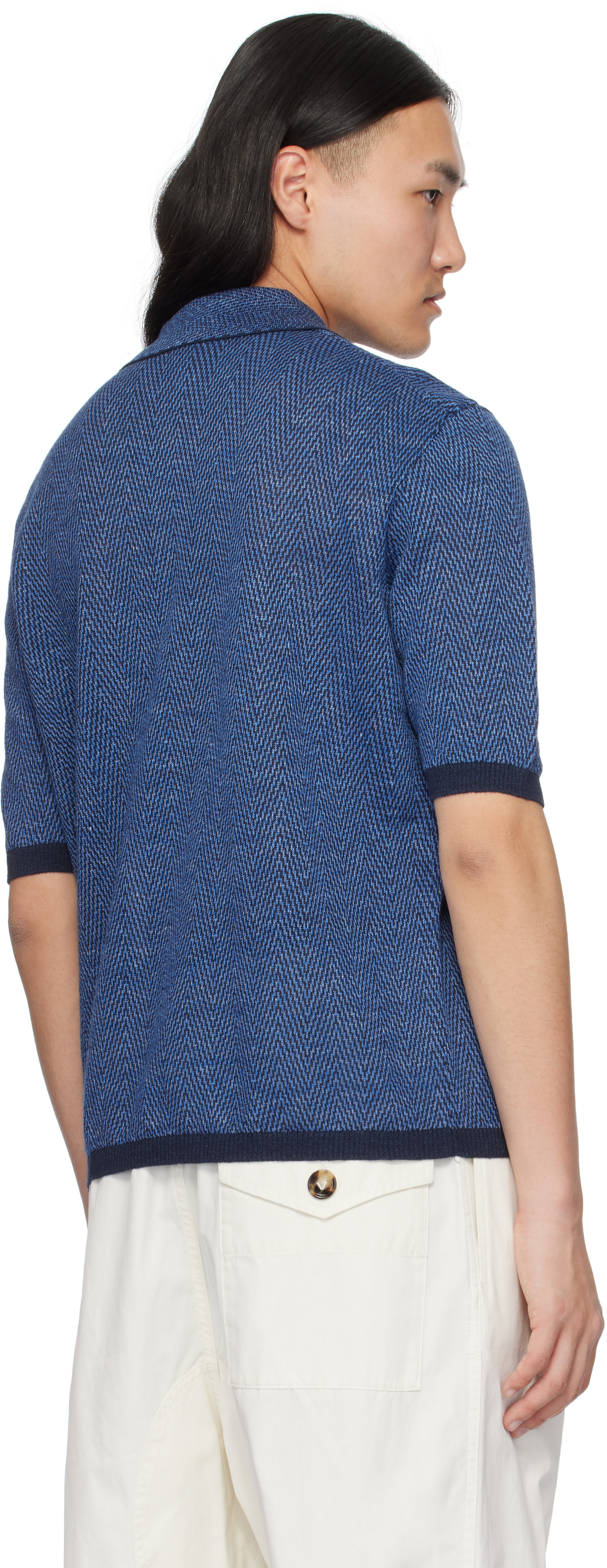 Bottega Veneta チェック柄 ポロシャツ Bottega Veneta: Blue Linen Chevron Knit Polo | SSENSE