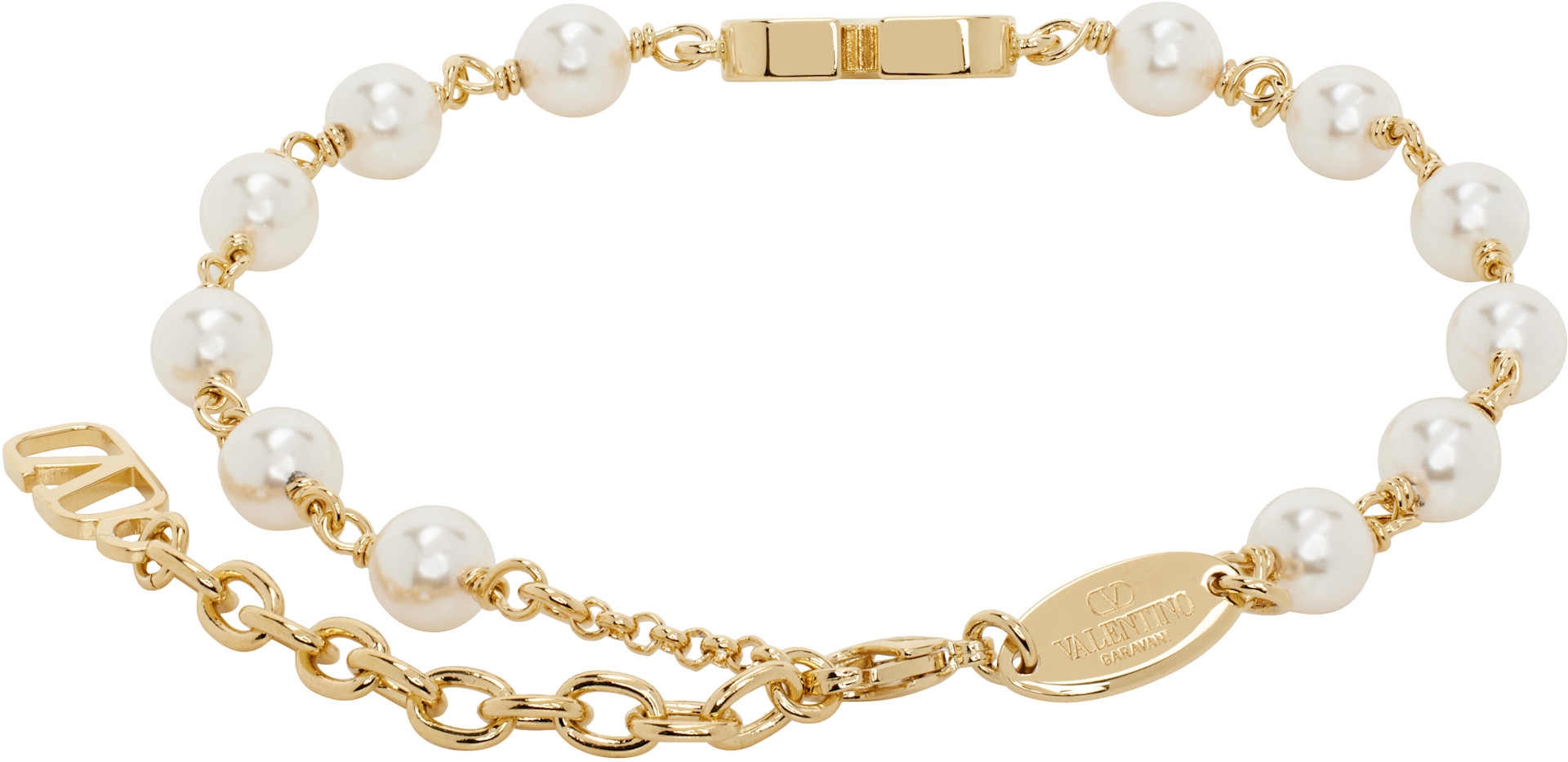 Valentino Garavani: Gold & White VLogo Signature Bracelet | SSENSE