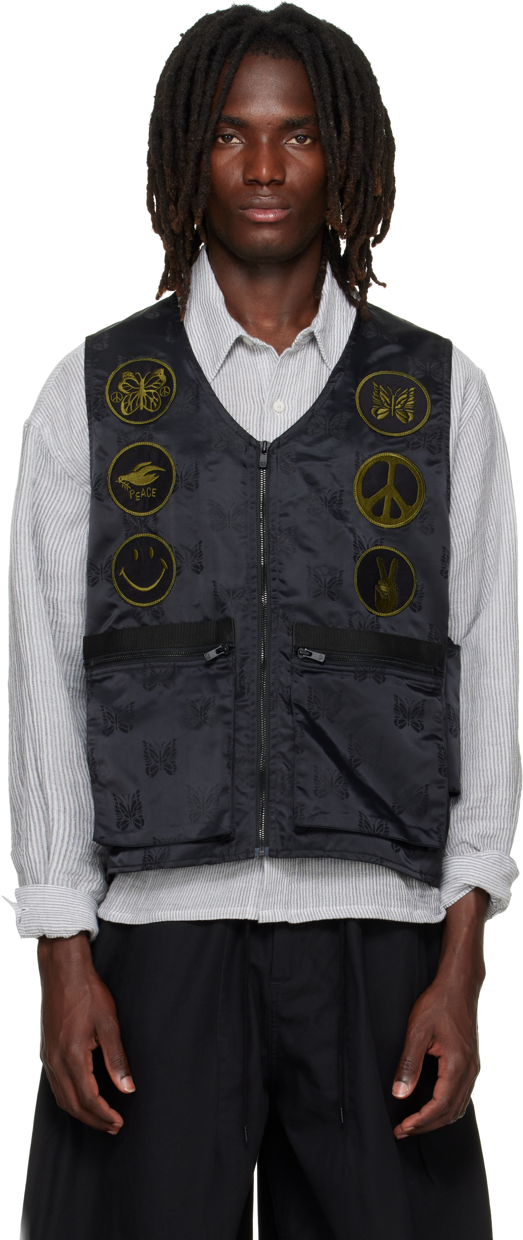 NEEDLES: Black Papillon Jacquard Radio Vest | SSENSE