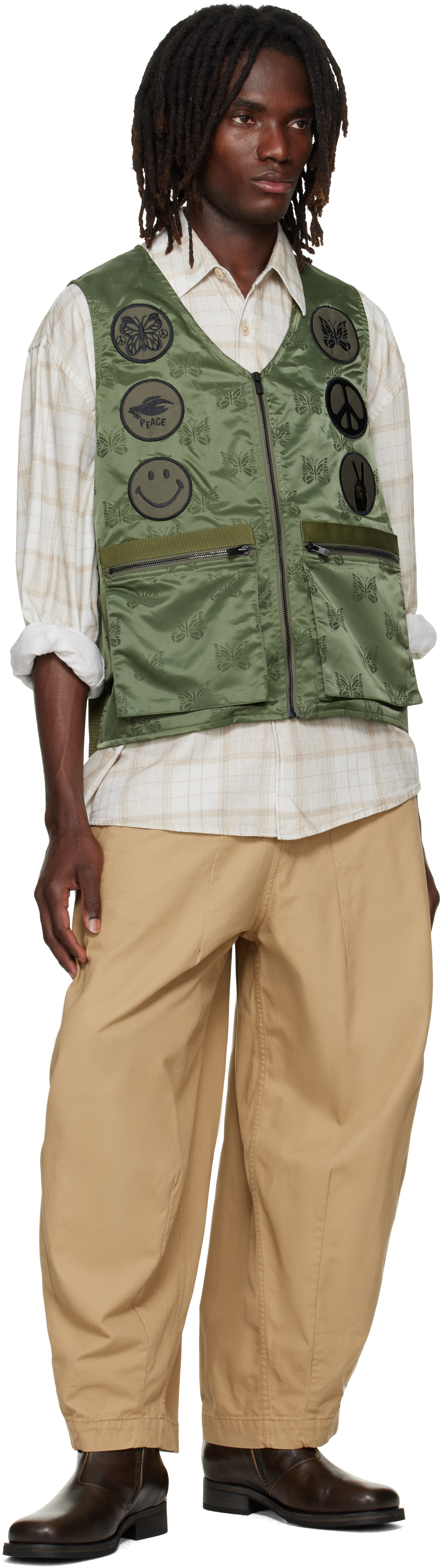 NEEDLES: Khaki Papillon Jacquard Radio Vest | SSENSE