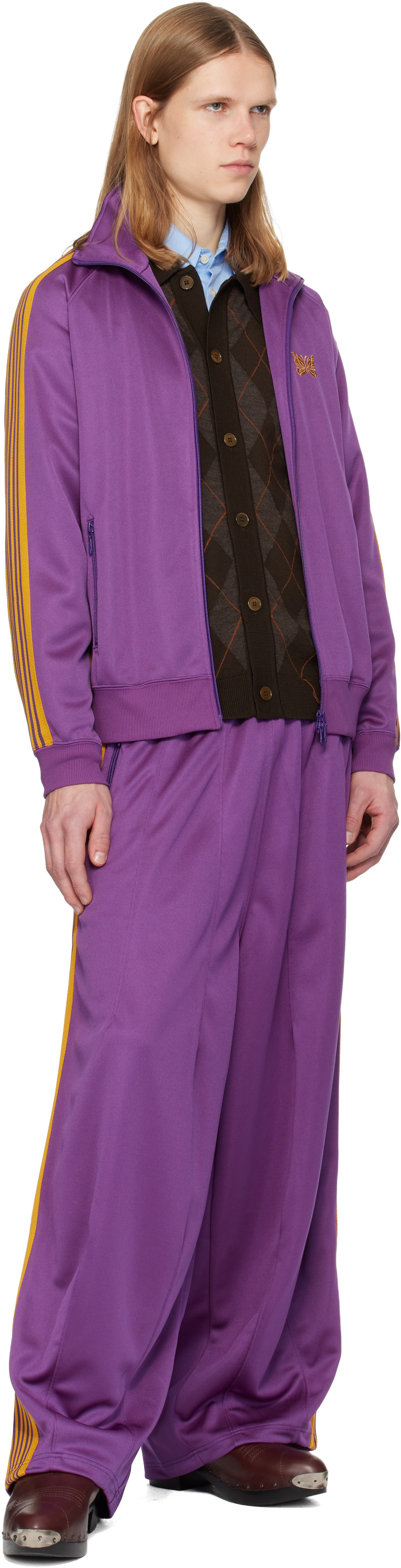 パンツ Needles trackpants straight (sax/purple) Needles side-stripe Velour Track Pants | Purple | FARFETCH