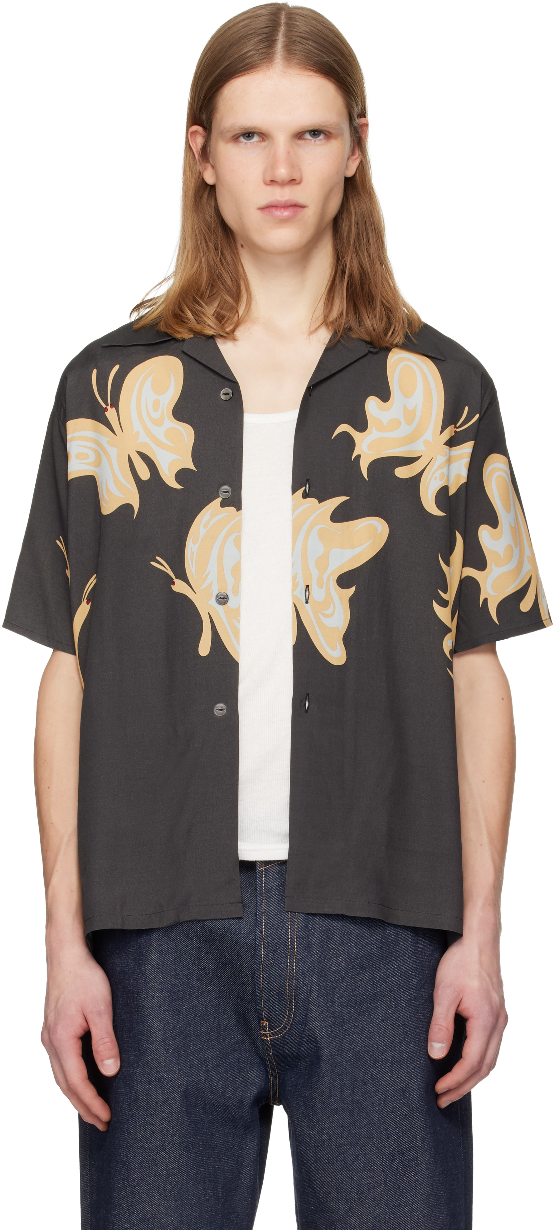 NEEDLES×KAE TANAKA S/S One-Up Shirt NEEDLES: Black Kae Tanaka Edition S/S One-Up Shirt | SSENSE Canada