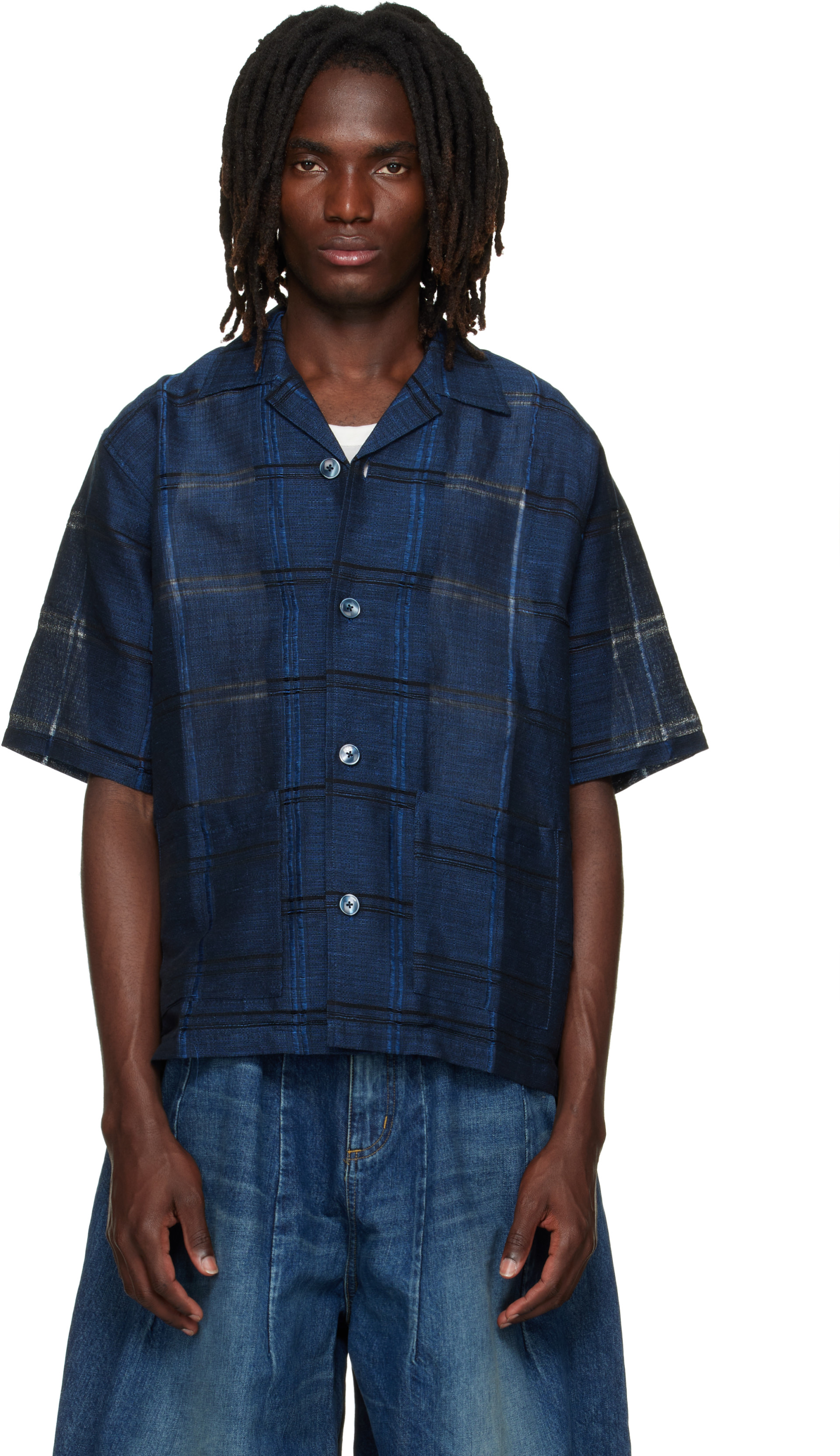 NEEDLES: Blue Plaid Jacquard Cabana Shirt | SSENSE