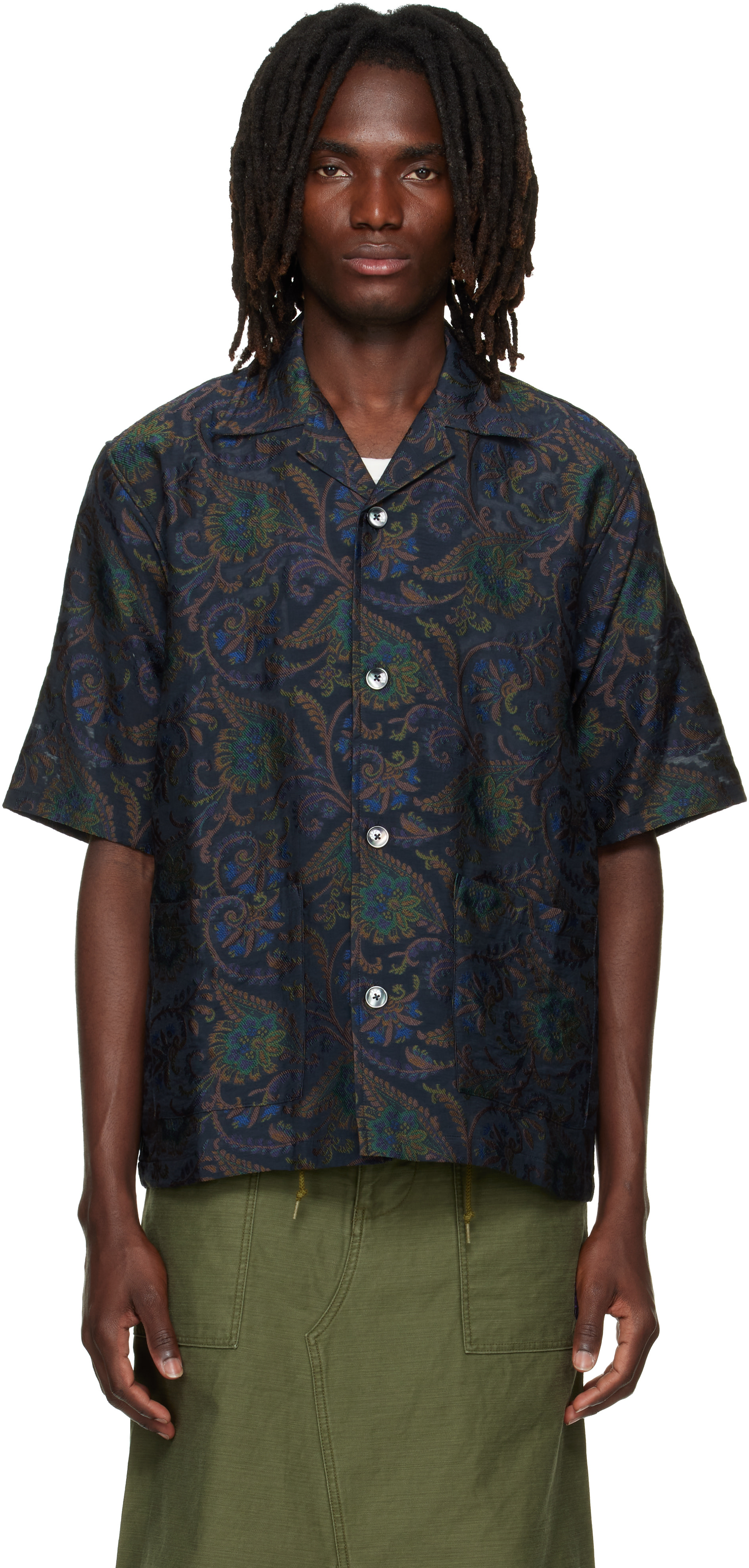 NEEDLES: ネイビー Paisley Jacquard Cabana シャツ | SSENSE 日本