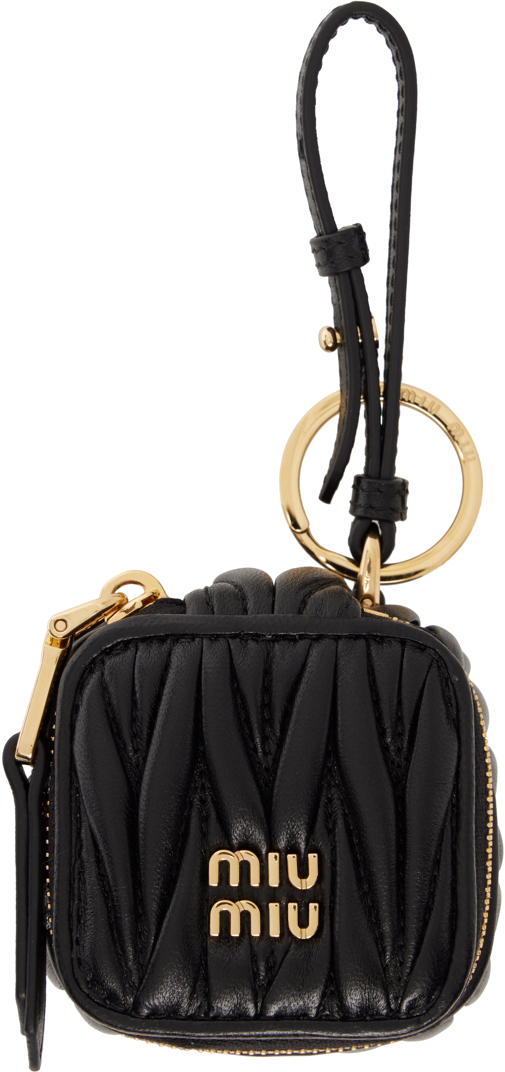 Miu Miu: Black Trick Matelassé Nappa Leather Keychain | SSENSE Canada
